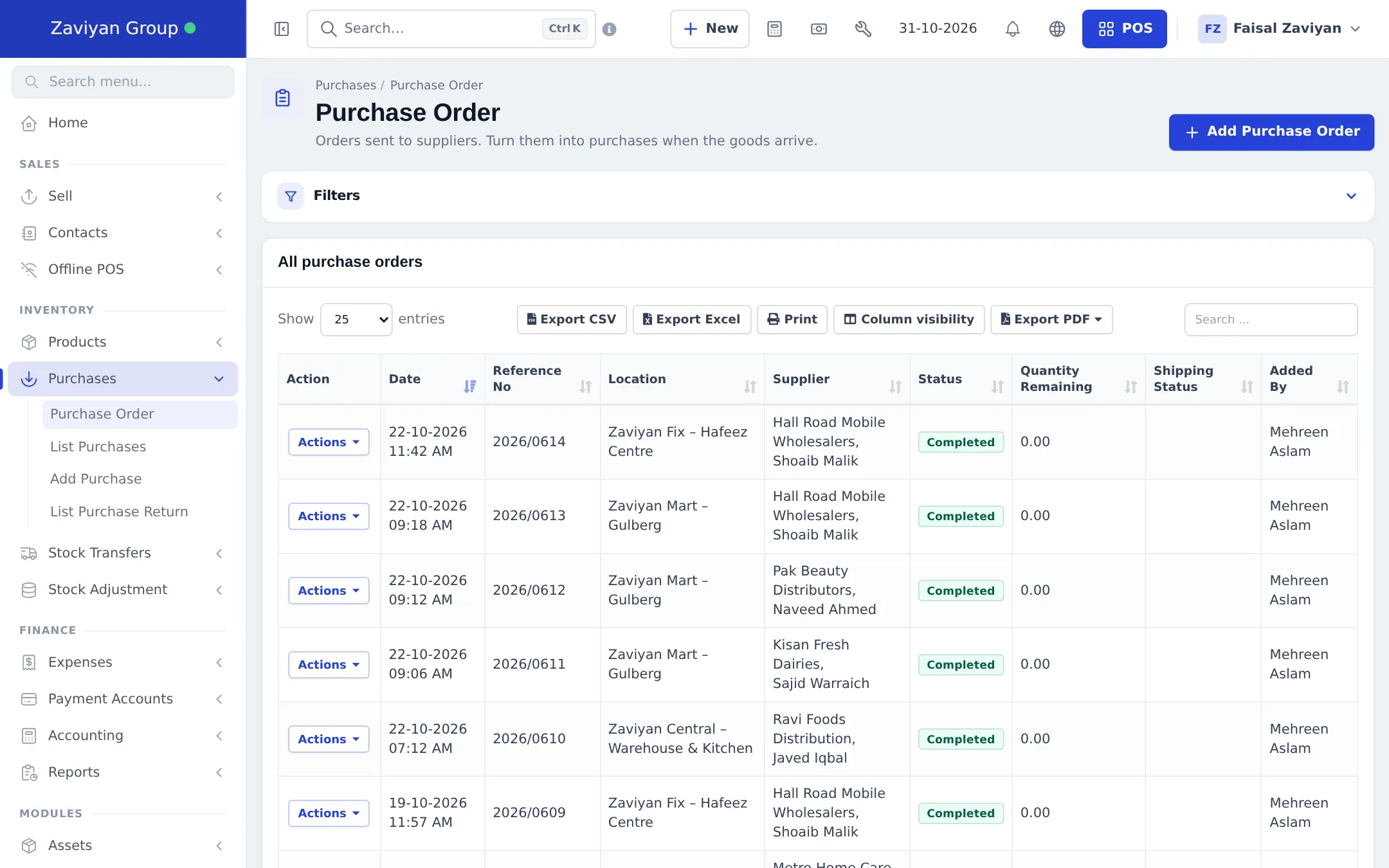 Purchase Order list with reference numbers, locations, suppliers, Completed status and quantity remaining