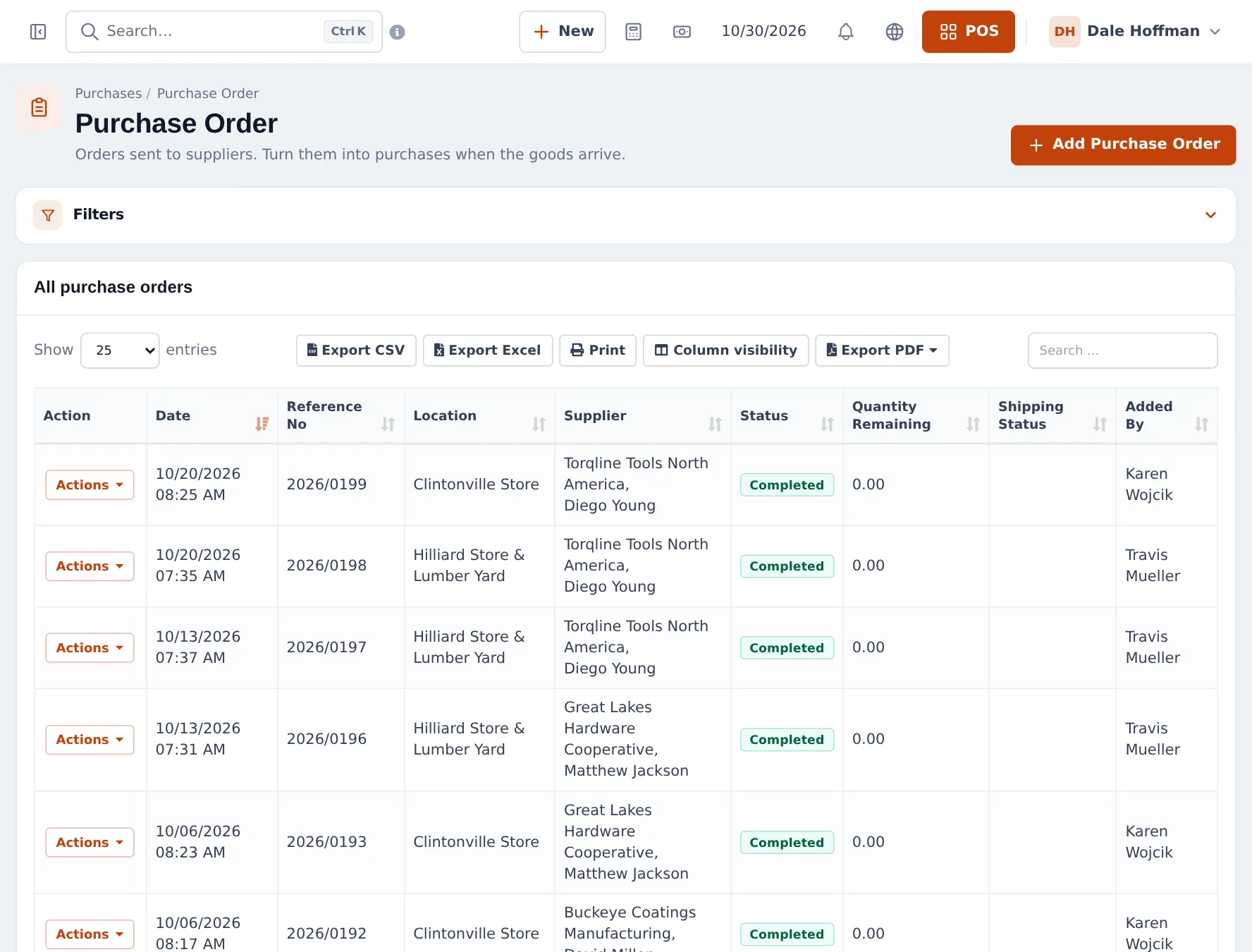 Purchase Order list with dates, reference numbers, locations, suppliers, status and quantity remaining