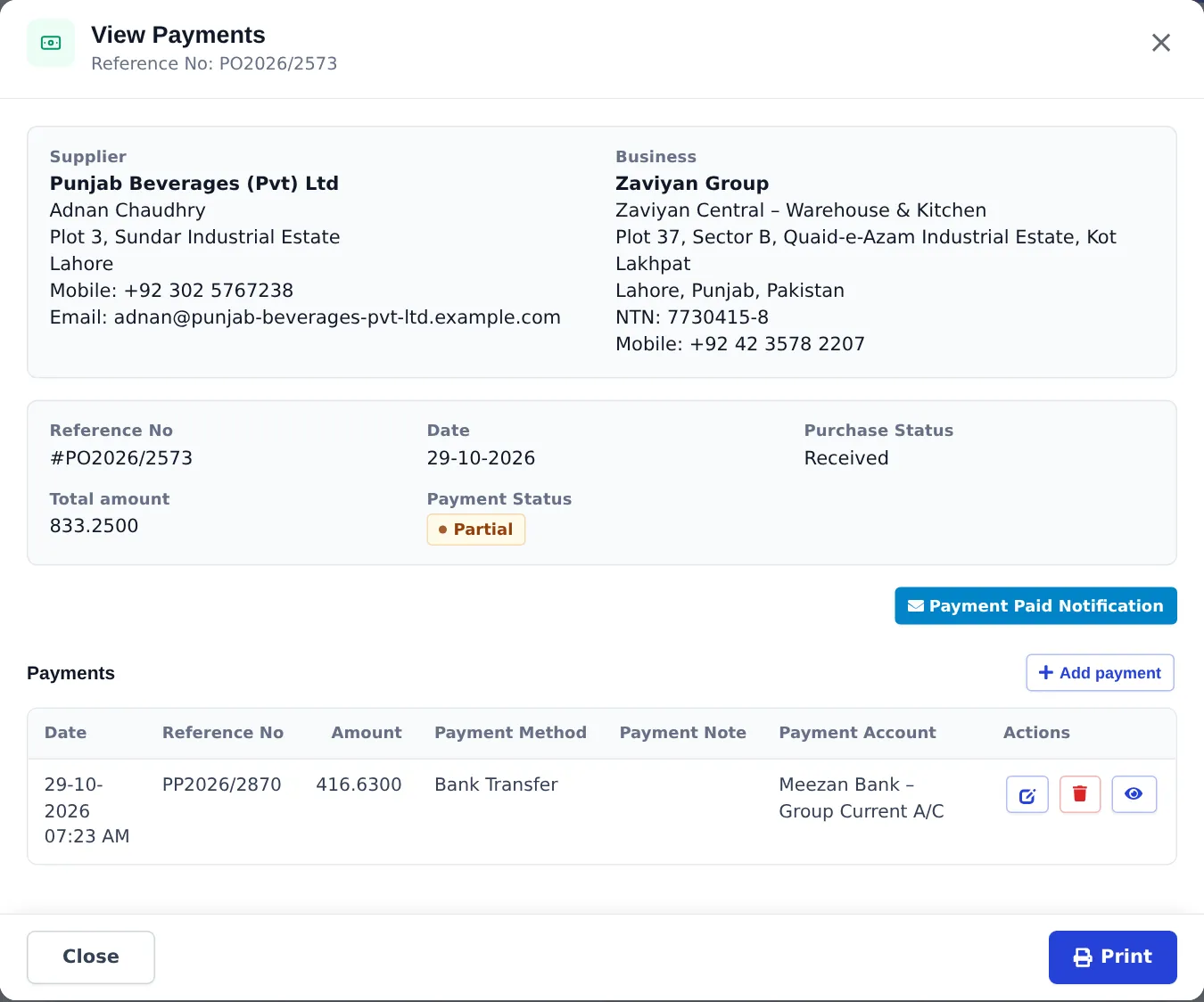 View Payments window listing a bank transfer instalment with Partial status and buttons to edit, delete or view it