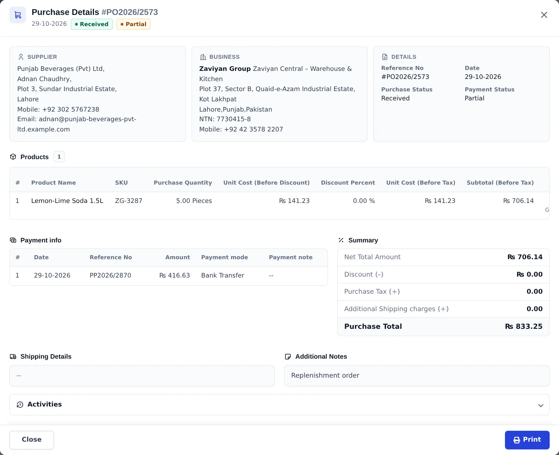 Purchase details window with supplier, business and details cards, product lines, payment info and summary totals