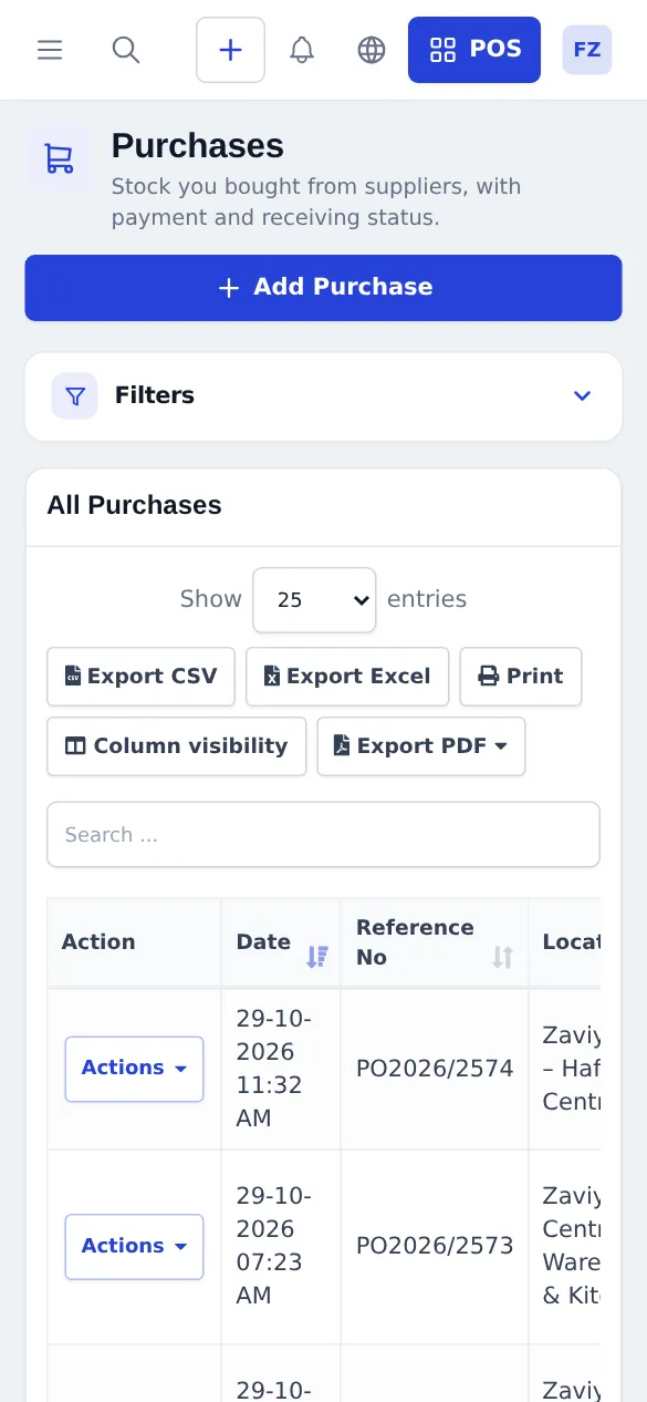 Purchases list on a phone with the Add Purchase button and filters