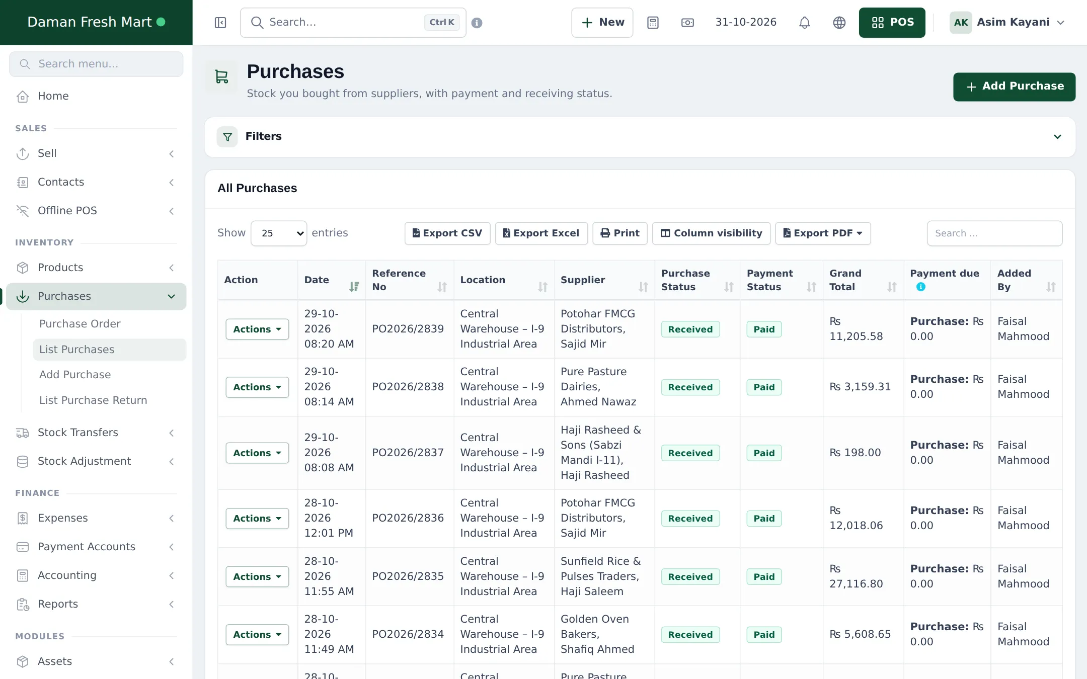 Purchases list with reference numbers, warehouse location, suppliers, Received and Paid statuses and grand totals