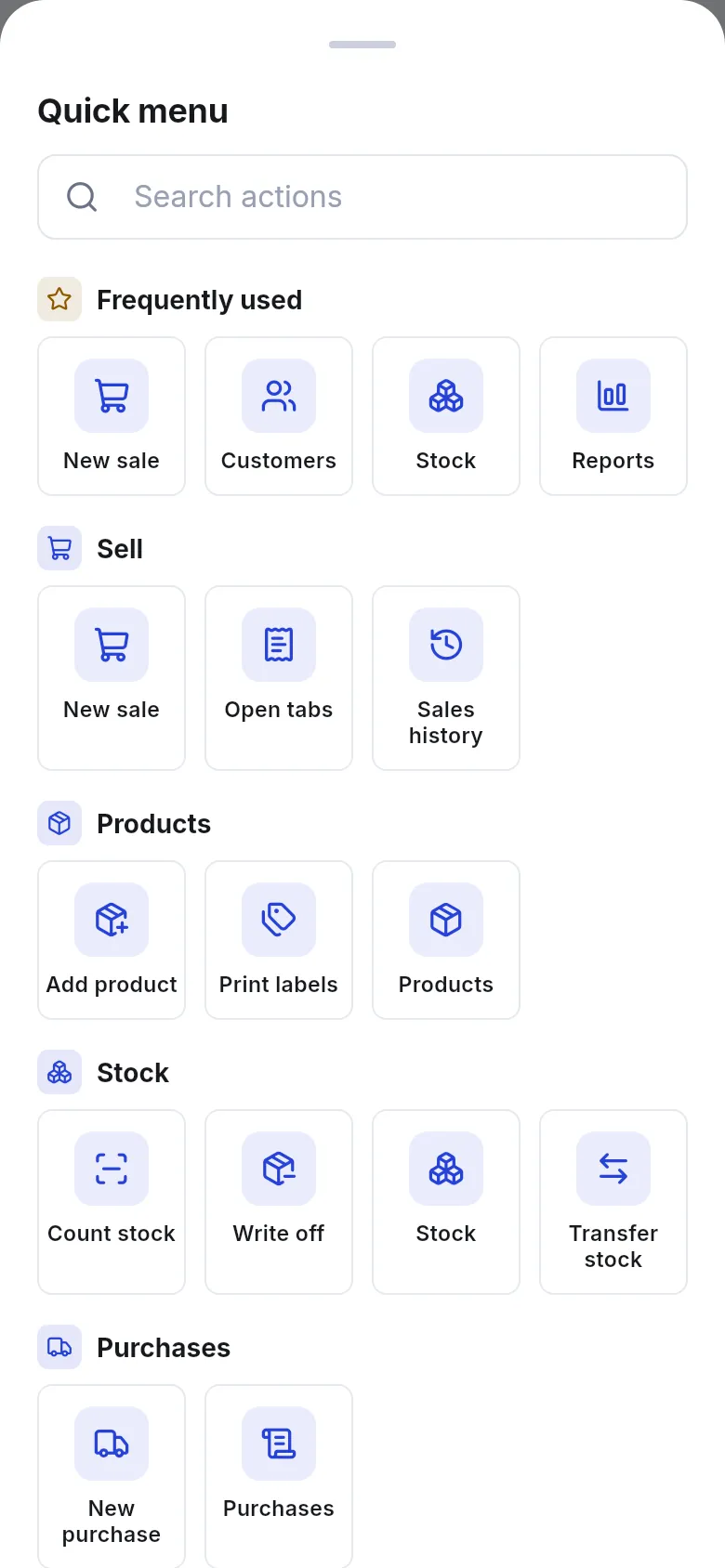 Quick menu sheet with Frequently used, Sell, Products, Stock and Purchases actions
