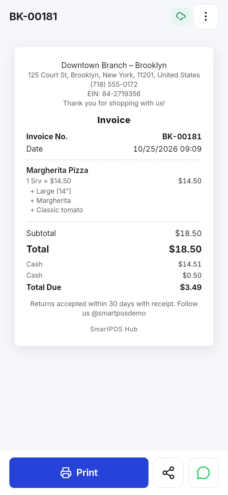 Receipt screen showing the business header, items with options, totals and Print, share and WhatsApp buttons