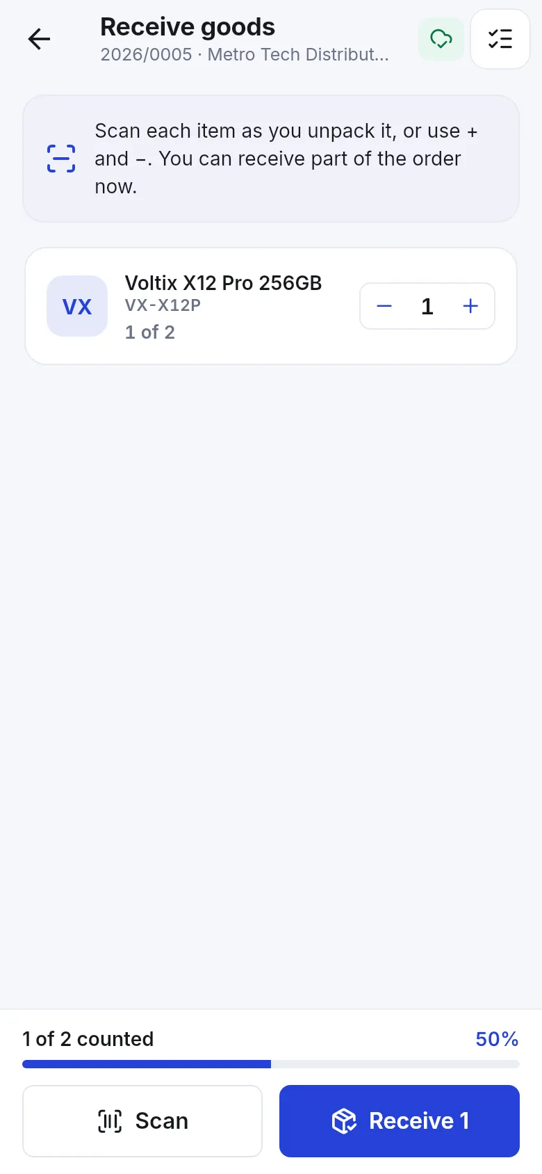Receive goods screen in the SmartPOS Business app showing 1 of 2 counted and a Receive 1 button