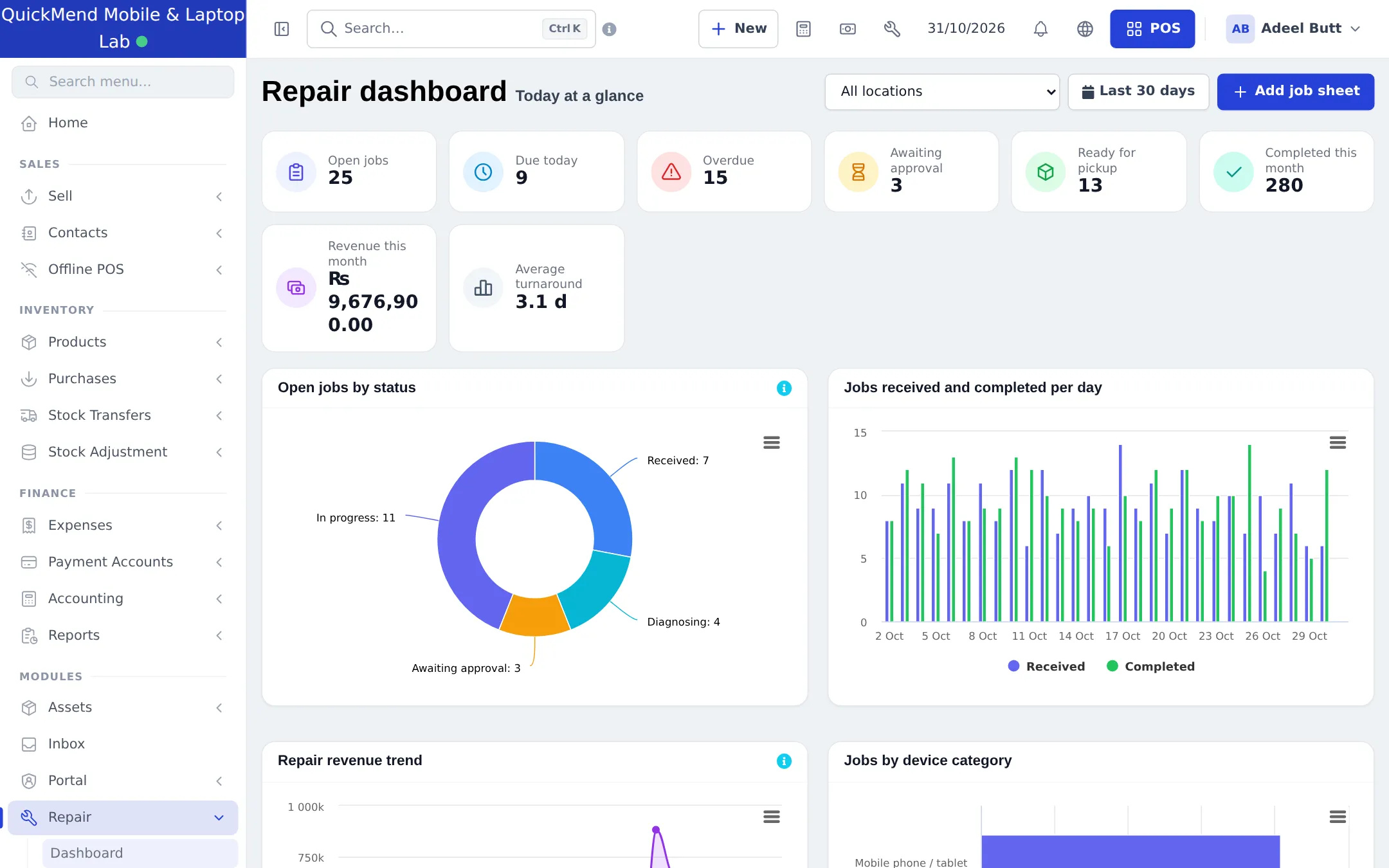 Repair dashboard with open jobs, due today, overdue, awaiting approval, ready for pickup and revenue cards and a donut chart of open jobs by status