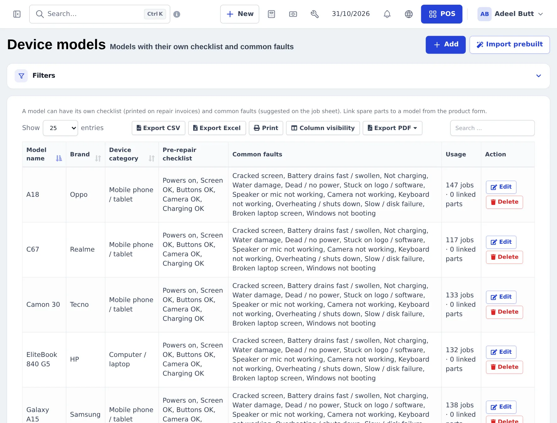 Device models list with phone and laptop models, brand, category, pre-repair checklist, common faults and usage counts