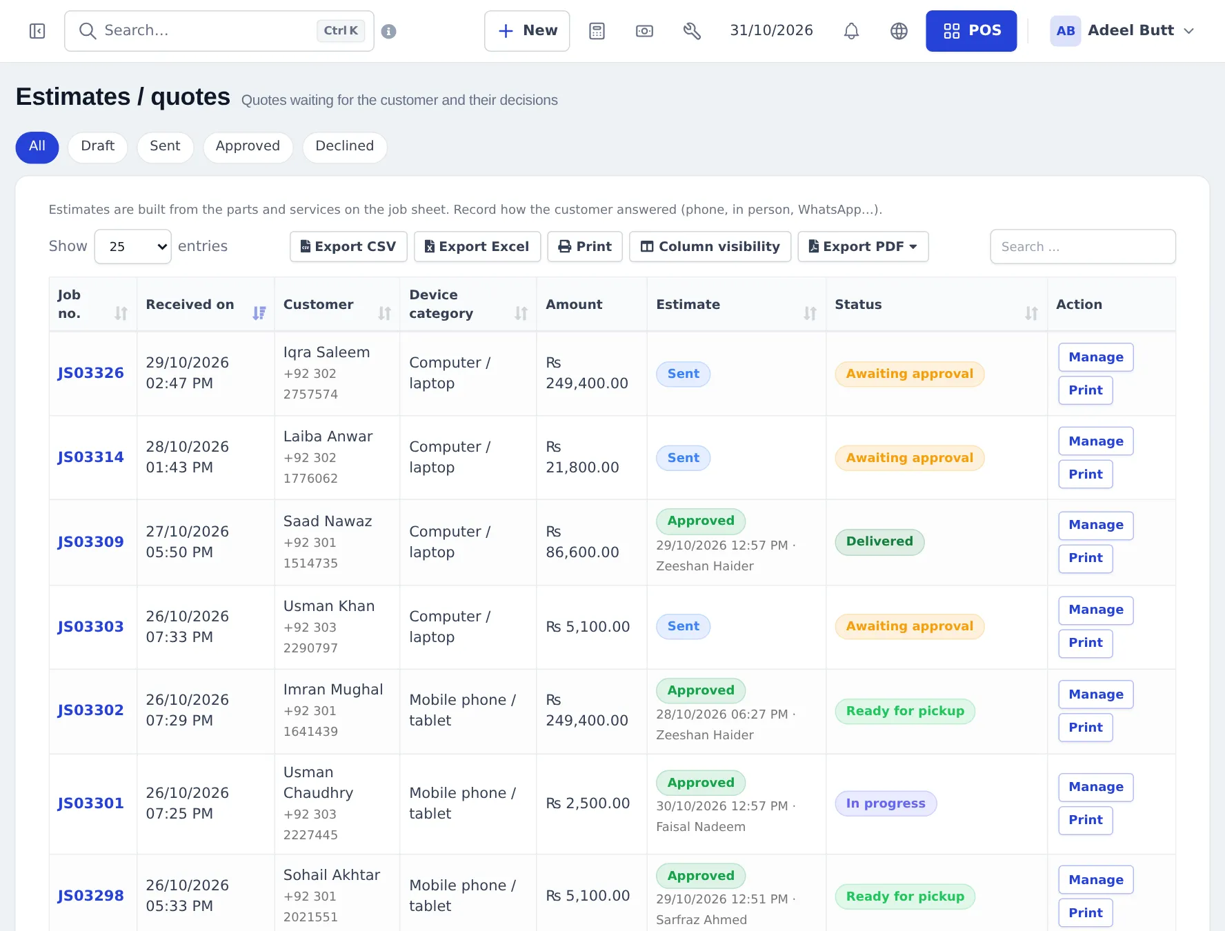 Estimates and quotes list with job numbers, customers, device categories, amounts, estimate status Sent or Approved, and job status