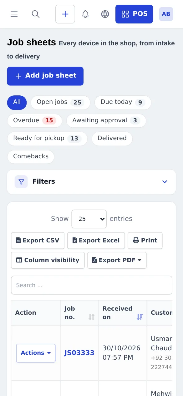 Job sheets page on a phone with Add job sheet button and filter chips for open jobs, due today, overdue, awaiting approval, ready for pickup, delivered and comebacks