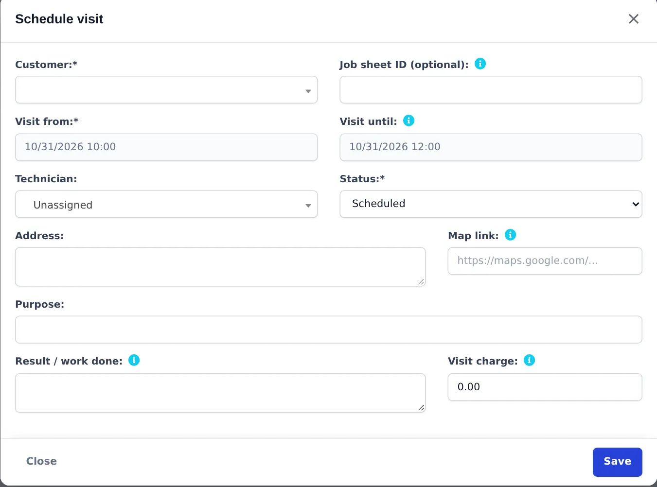 Schedule visit window with customer, job sheet ID, visit times, technician, status, address, map link, purpose, result and visit charge