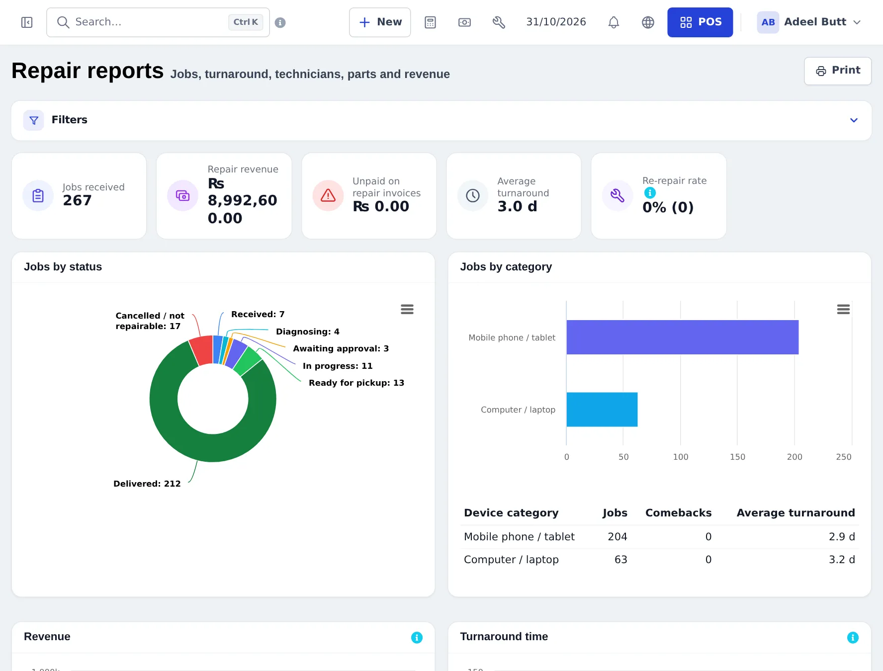 Repair reports with jobs received, repair revenue, unpaid repair invoices, average turnaround, re-repair rate, jobs by status and jobs by category