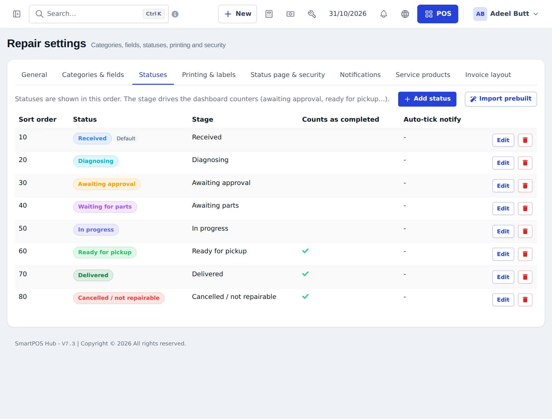 Repair statuses tab listing Received, Diagnosing, Awaiting approval, Waiting for parts, In progress, Ready for pickup, Delivered and Cancelled with sort order, stage and completed ticks