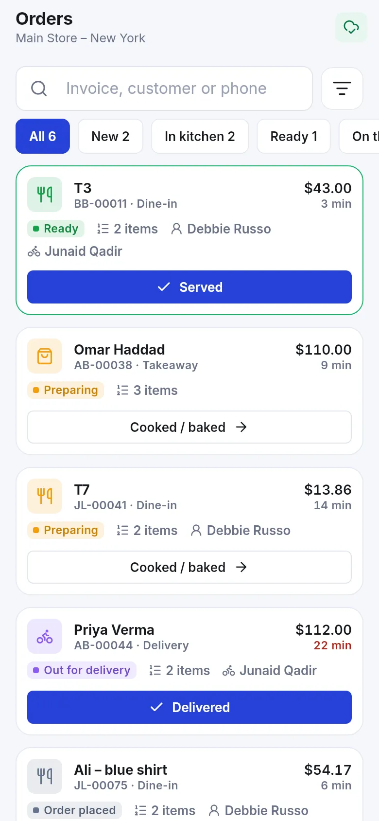 Orders board with tabs New, In kitchen, Ready and orders for dine-in, takeaway and delivery with Served and Delivered buttons