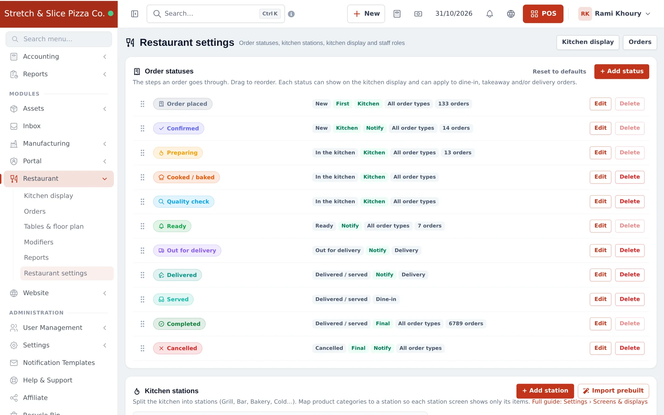 Order statuses list with badges for kitchen, notify and order types, plus Edit and Delete buttons
