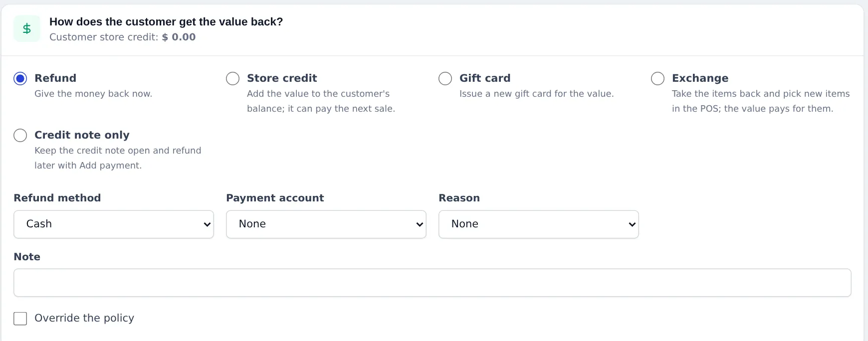 Return outcome options: Refund, Store credit, Gift card, Exchange and Credit note only, with Refund method, Payment account, Reason and Note fields