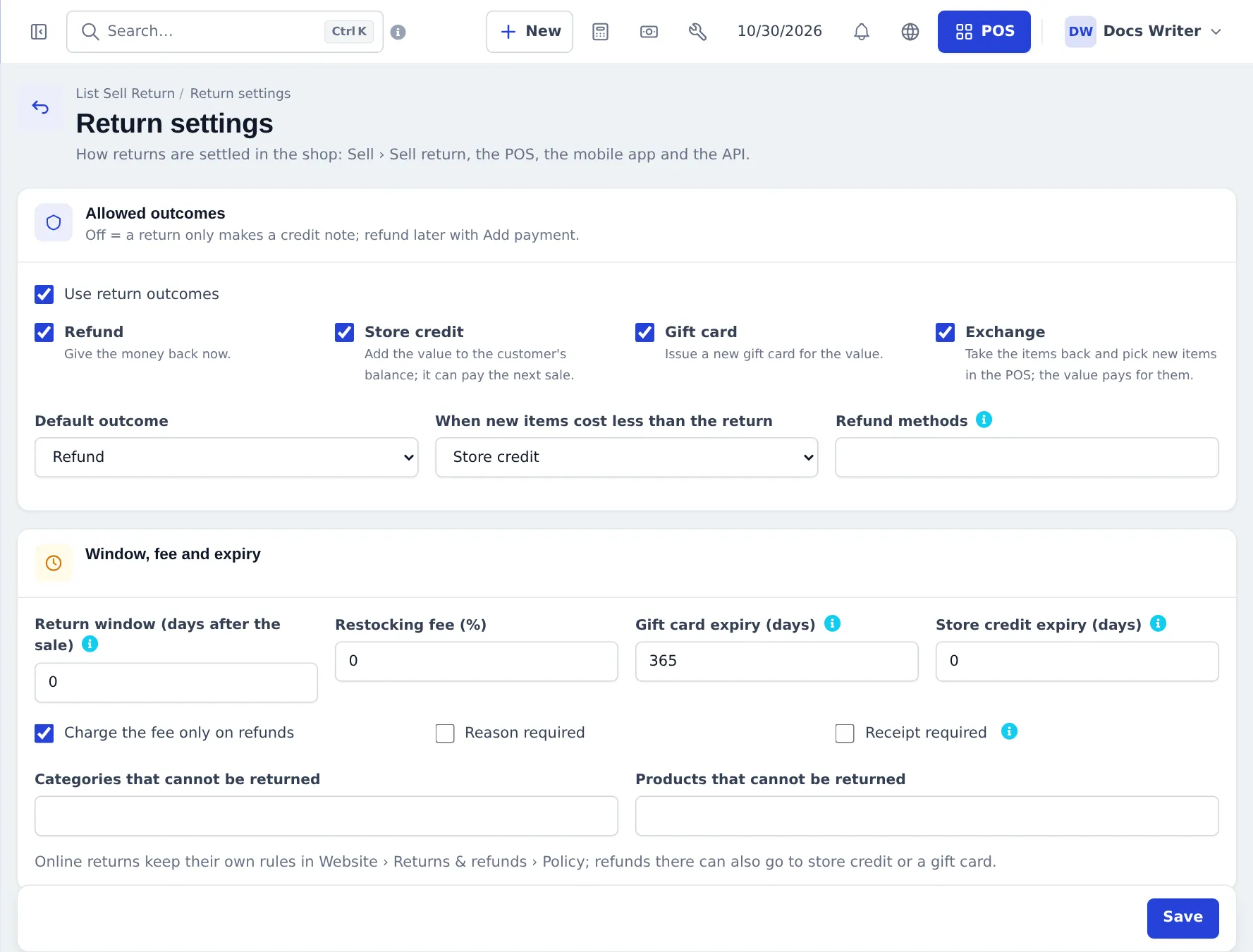 Return settings: Use return outcomes, allowed outcomes Refund, Store credit, Gift card, Exchange, default outcome, refund methods, return window, restocking fee, gift card and store credit expiry