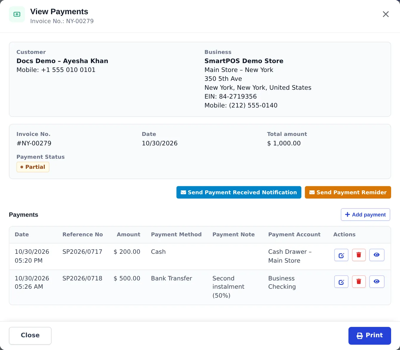 View Payments window for NY-00279 with status Partial and two payments: 200 Cash and 500 Bank Transfer