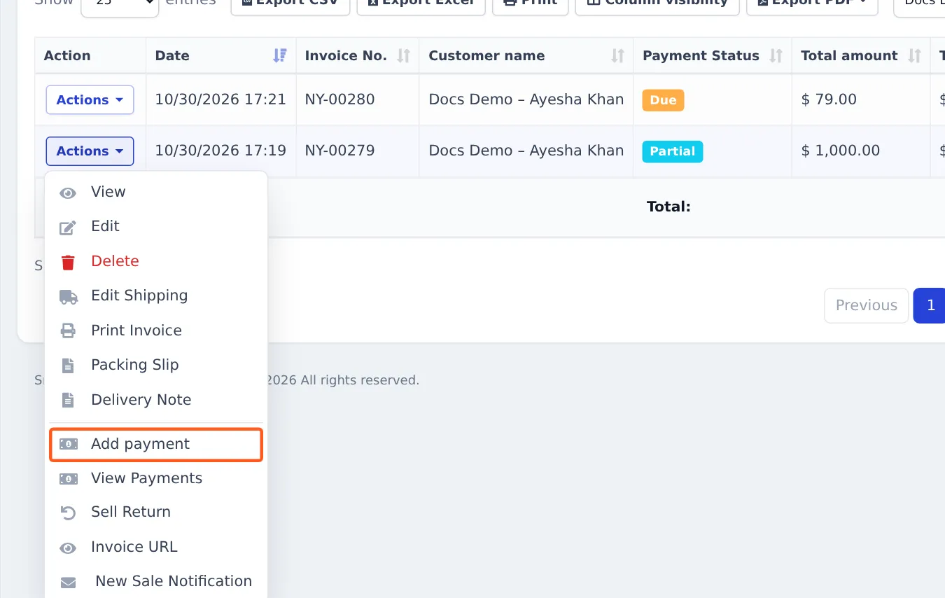 Actions menu of sale NY-00279 open with Add payment highlighted, below View, Edit, Print Invoice and above View Payments