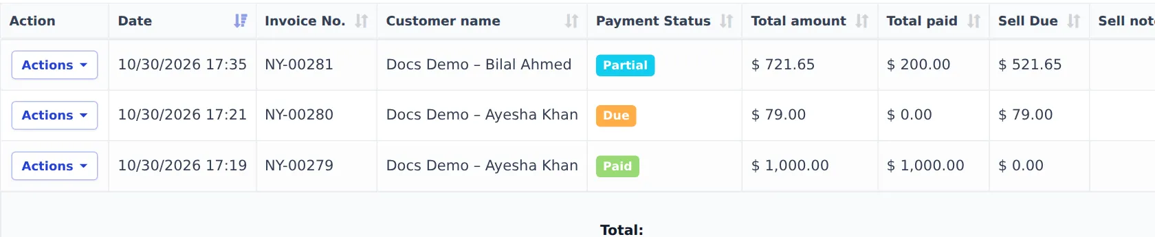 All sales list with NY-00279 Paid 1,000.00 fully paid, NY-00280 Due 79.00 and another Partial sale