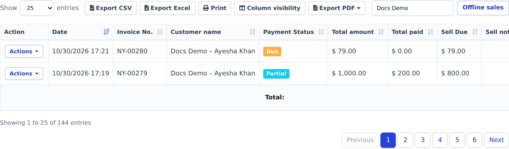 All sales list filtered to Docs Demo with NY-00280 Due 79.00 and NY-00279 Partial 1,000.00 total, 200.00 paid, 800.00 due