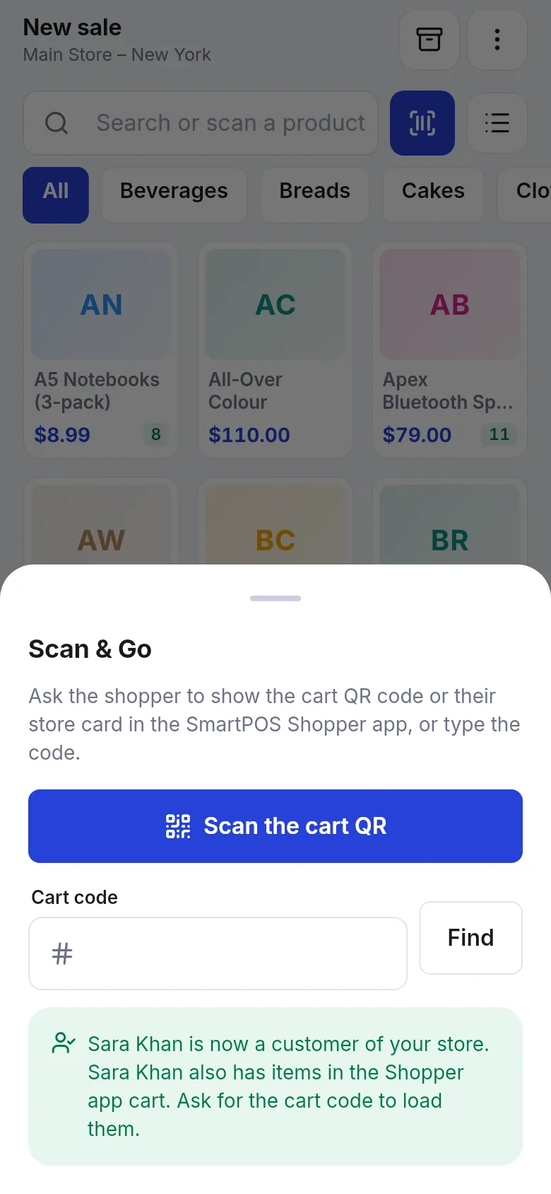 SmartPOS Business app Scan & Go window with Scan the cart QR, cart code field and a message that the shopper is now a customer
