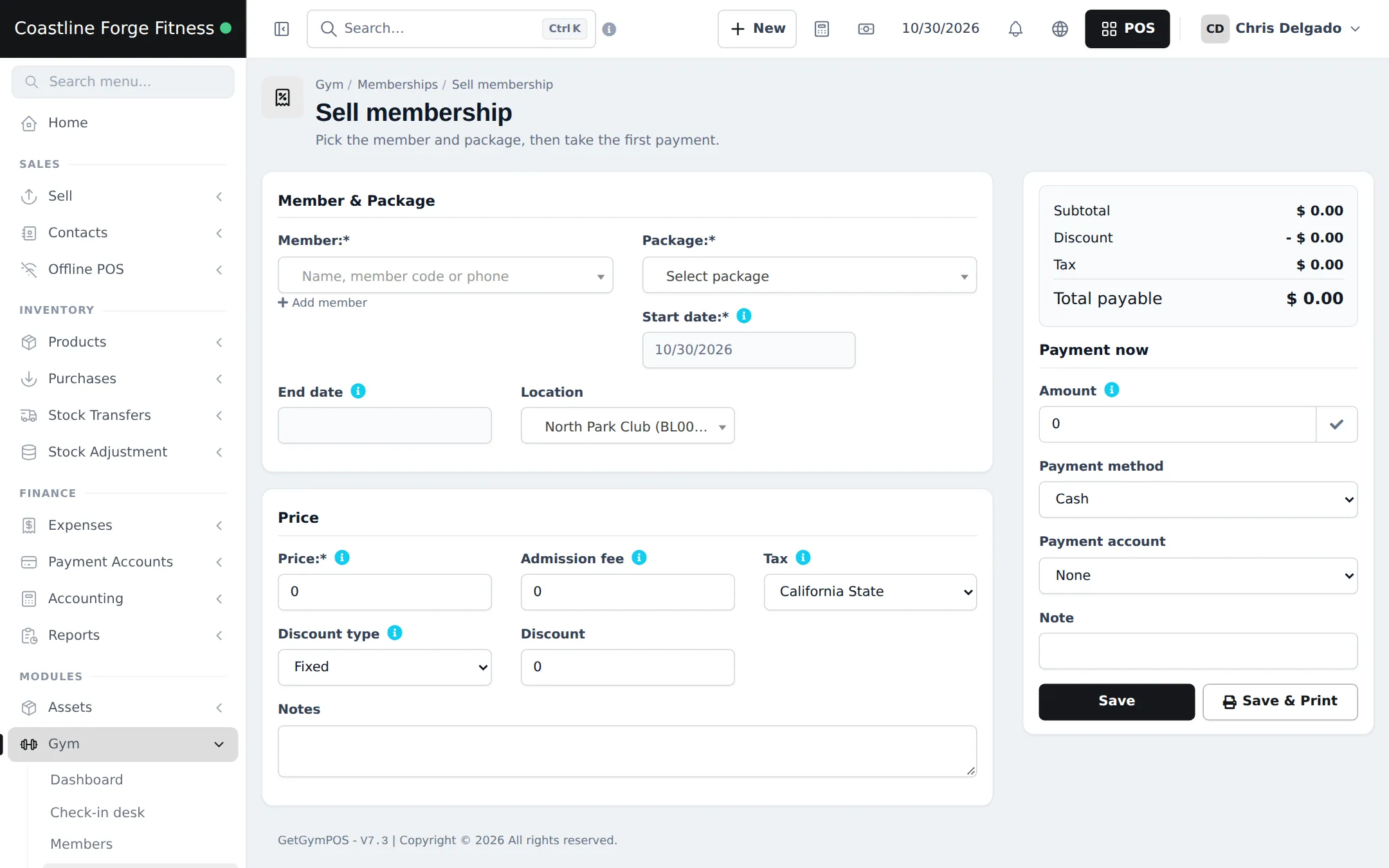 Sell membership form with member and package selectors, start date, end date, location, price, admission fee, tax, discount, notes, and a payment now panel with amount, method and account and Save and Save and Print buttons