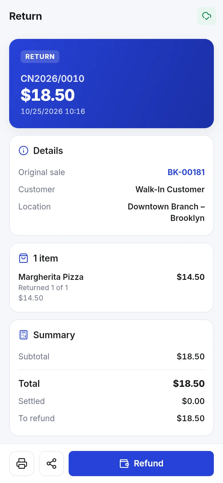 App return screen with return number, original sale, customer, returned item and the Refund button