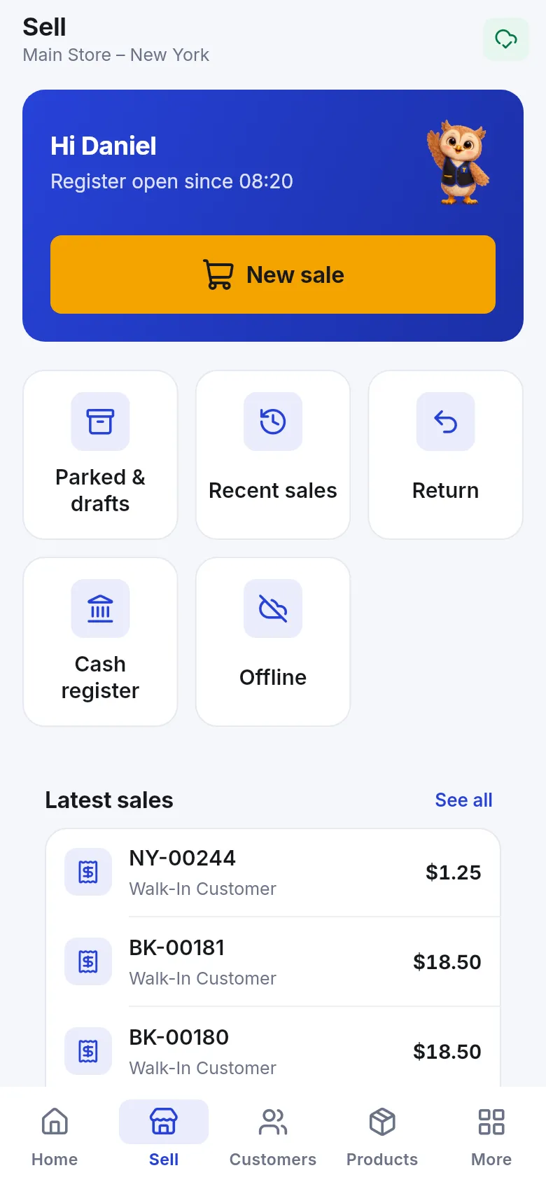 Sell tab with Register open since 08:20, a New sale button and shortcuts for Parked & drafts, Recent sales, Return, Cash register and Offline