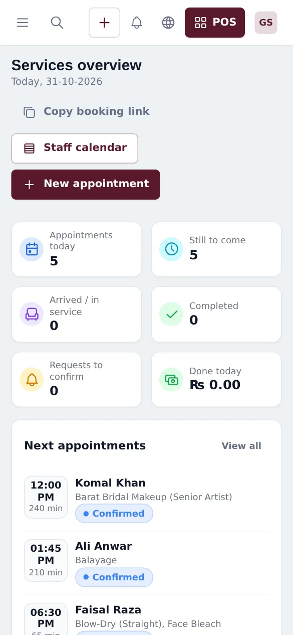 Services overview in a phone browser with Copy booking link, Staff calendar and New appointment buttons, counters and the next appointments