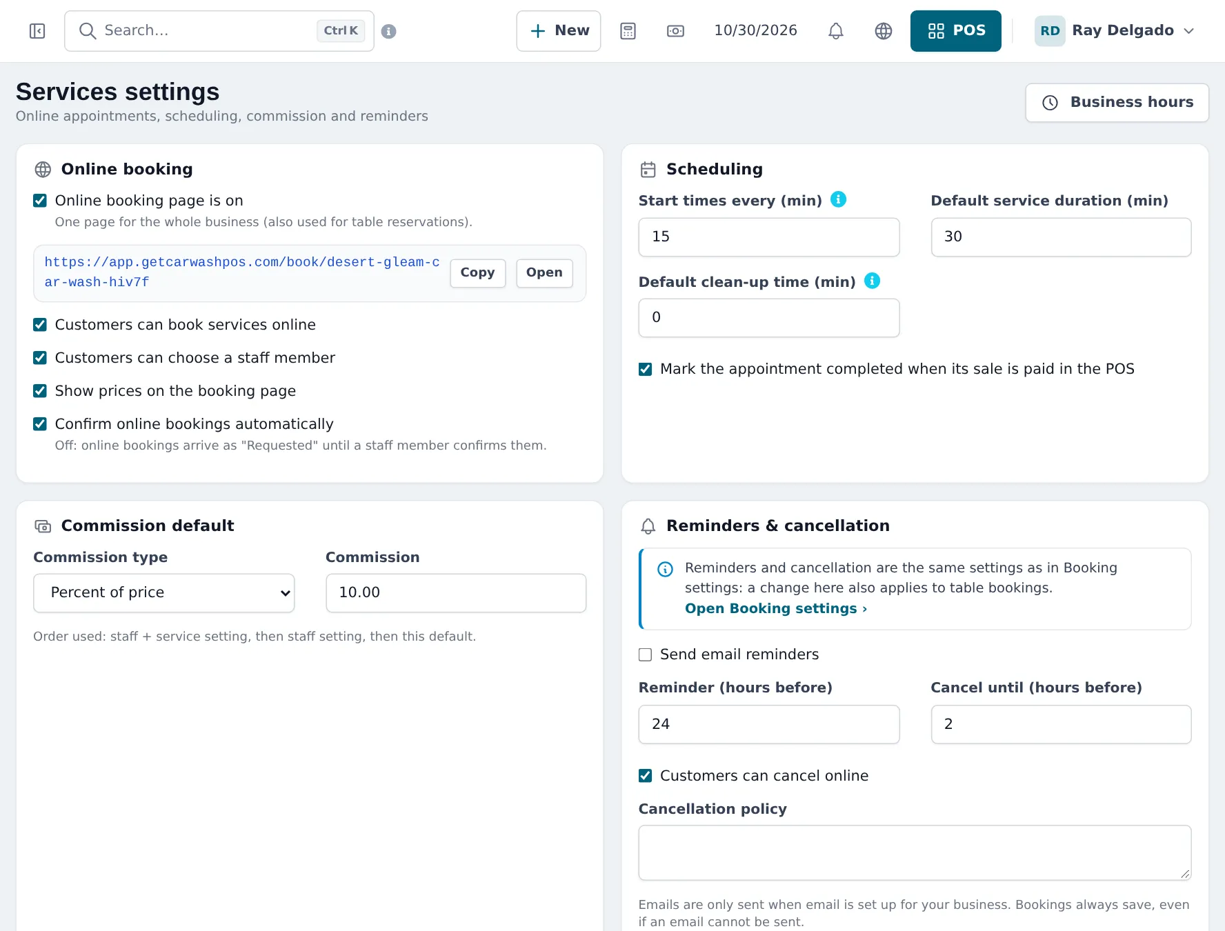 Services settings with online booking link, options to book online, choose a staff member and show prices, scheduling every 15 minutes, commission default and reminders and cancellation