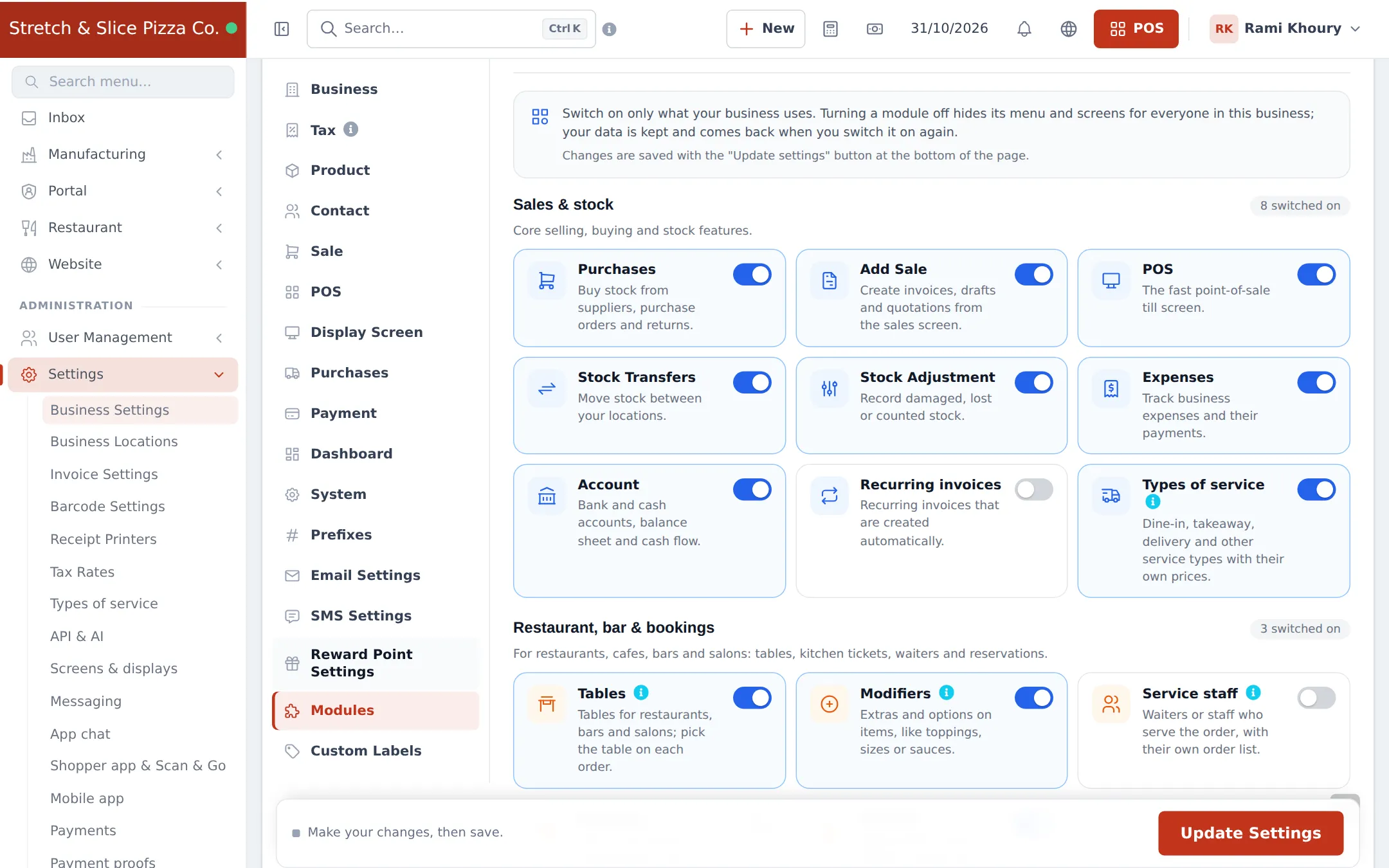 Business Settings page with the tab list on the left and the Modules tab open
