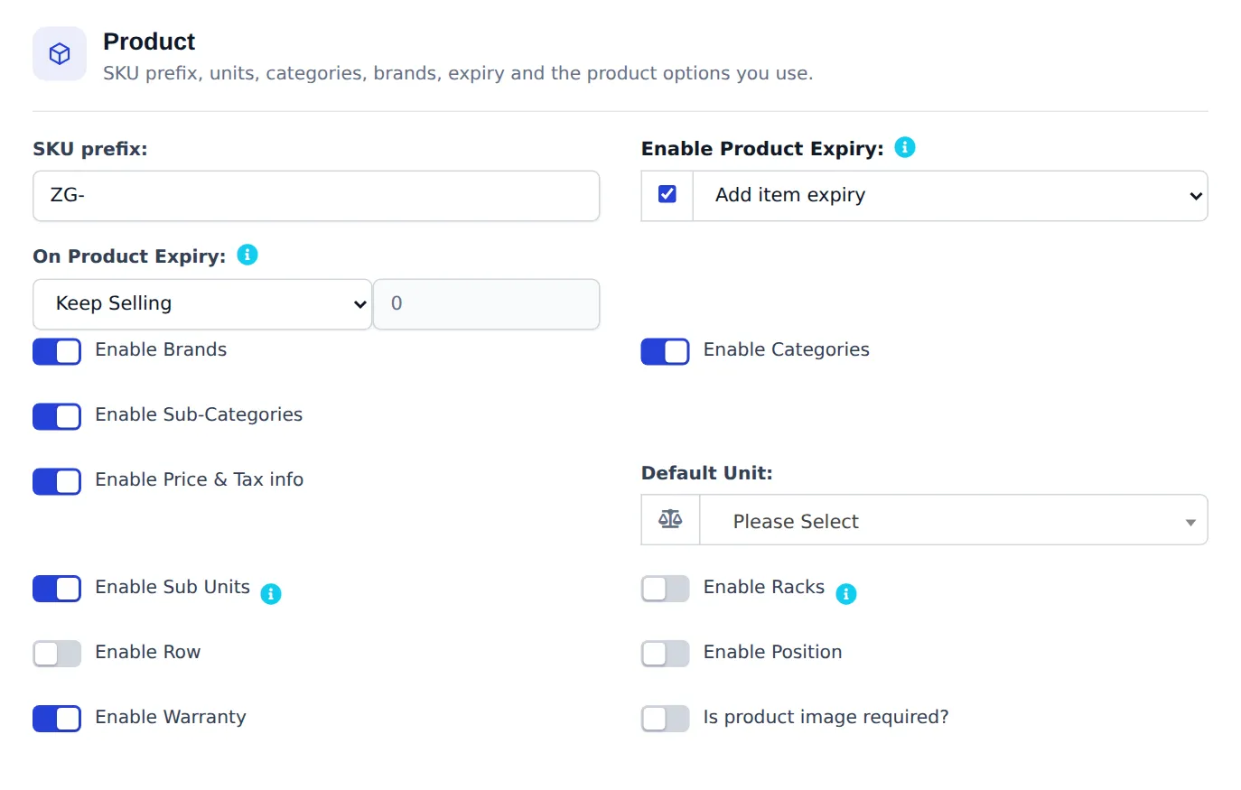 Product tab of Business Settings with Enable Product Expiry ticked, Add item expiry selected and On Product Expiry set to Keep Selling
