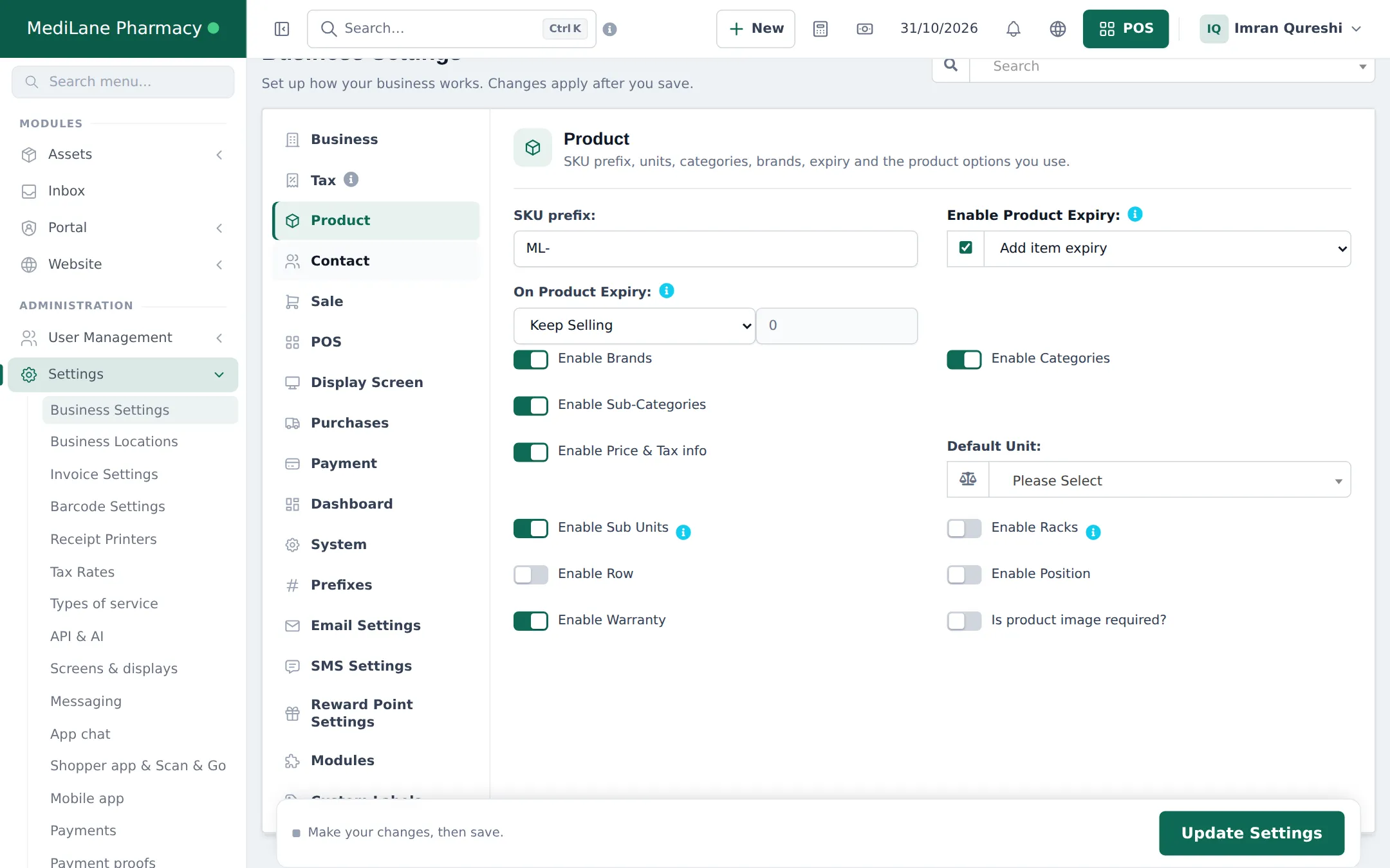 Business Settings Product tab with Enable Product Expiry set to Add item expiry, On Product Expiry, Enable Sub Units and Enable Racks