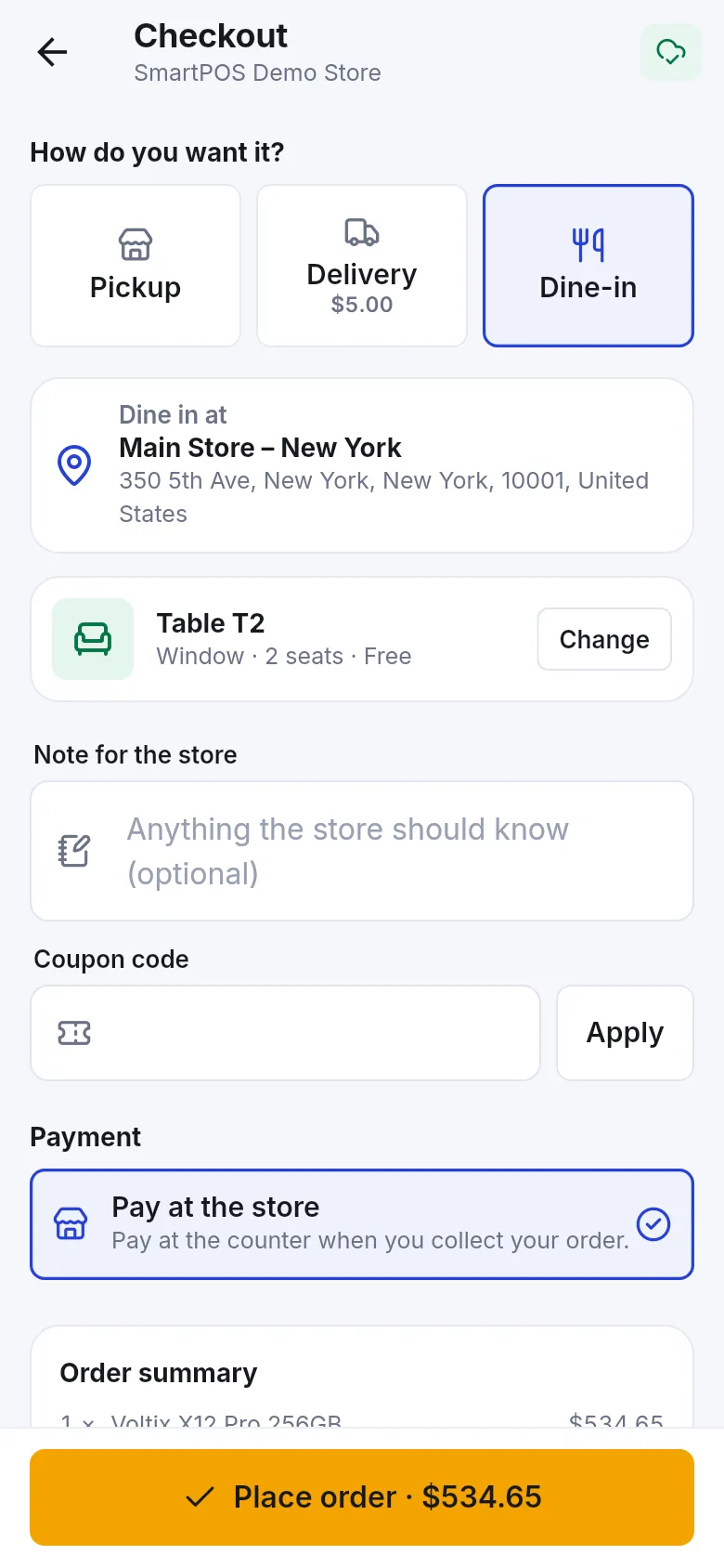 Shopper app checkout with Dine-in selected, table T2 and Pay at the store