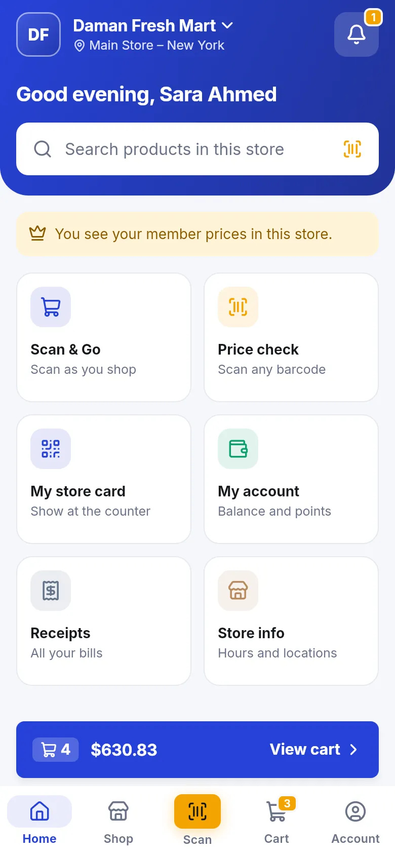Shopper app home for a mart with Scan & Go, Price check, My store card, My account, Receipts and Store info
