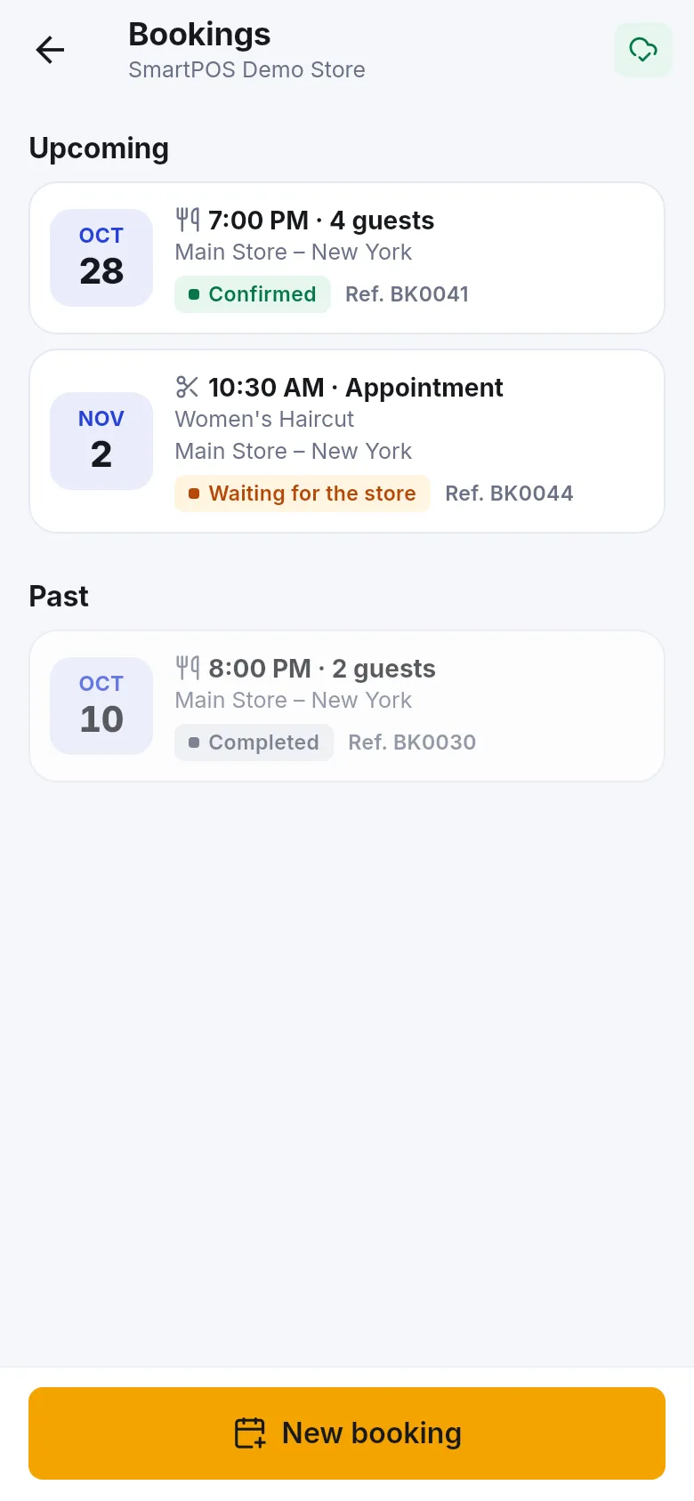 Shopper app Bookings screen with upcoming bookings, one appointment waiting for the store and a past booking