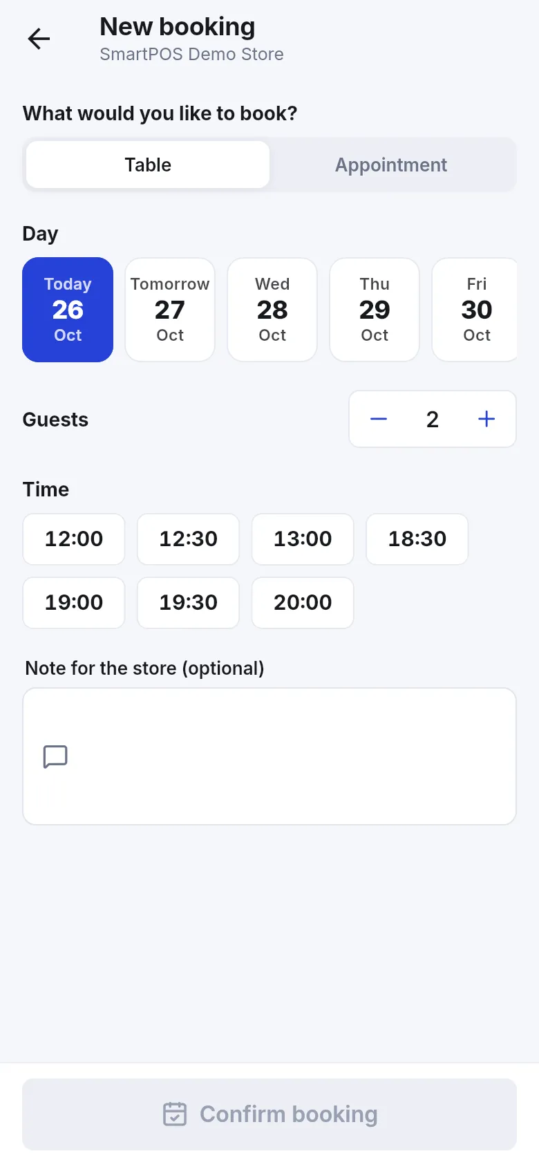 Shopper app New booking screen with Table and Appointment choices, a day strip and free times