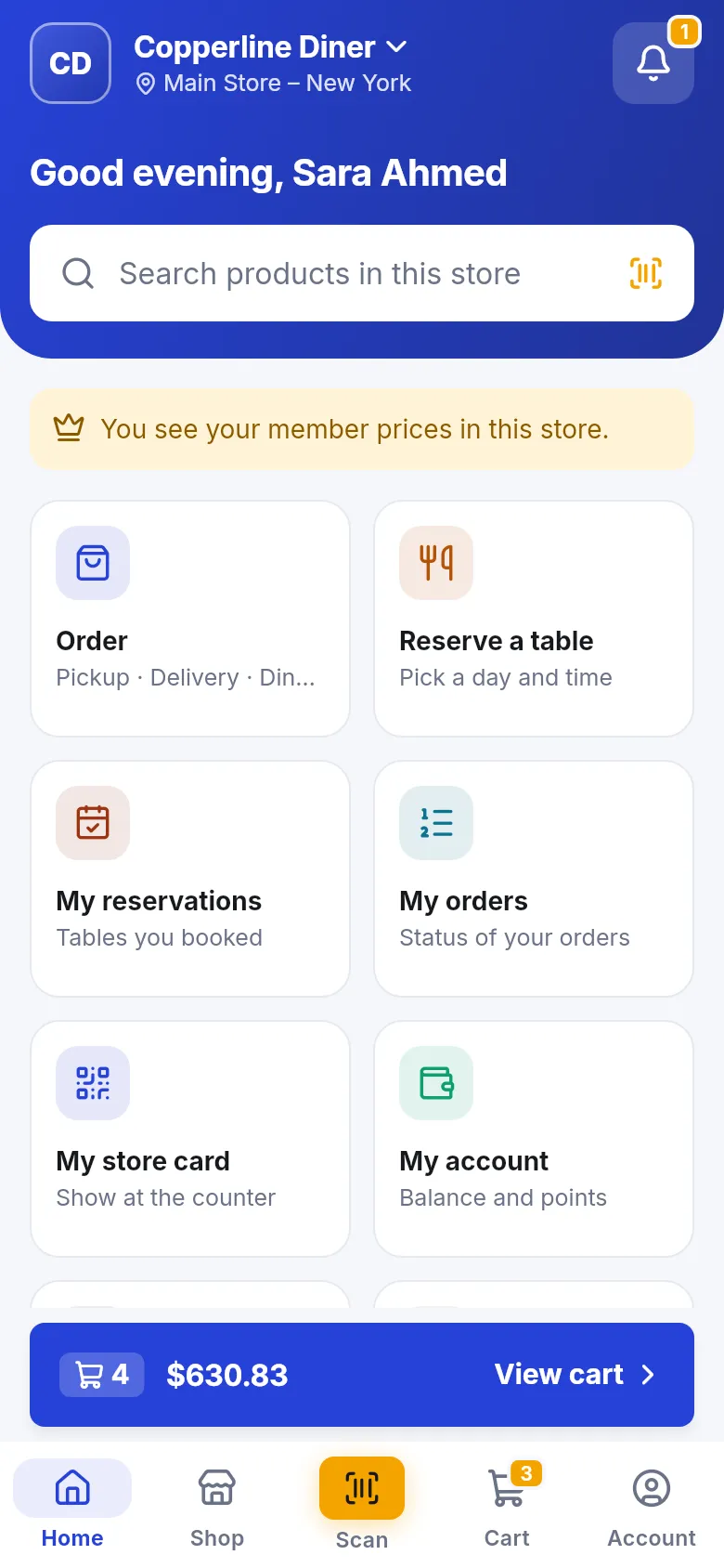 SmartPOS Shopper app home for a diner with Order, Reserve a table, My reservations, My orders and My store card