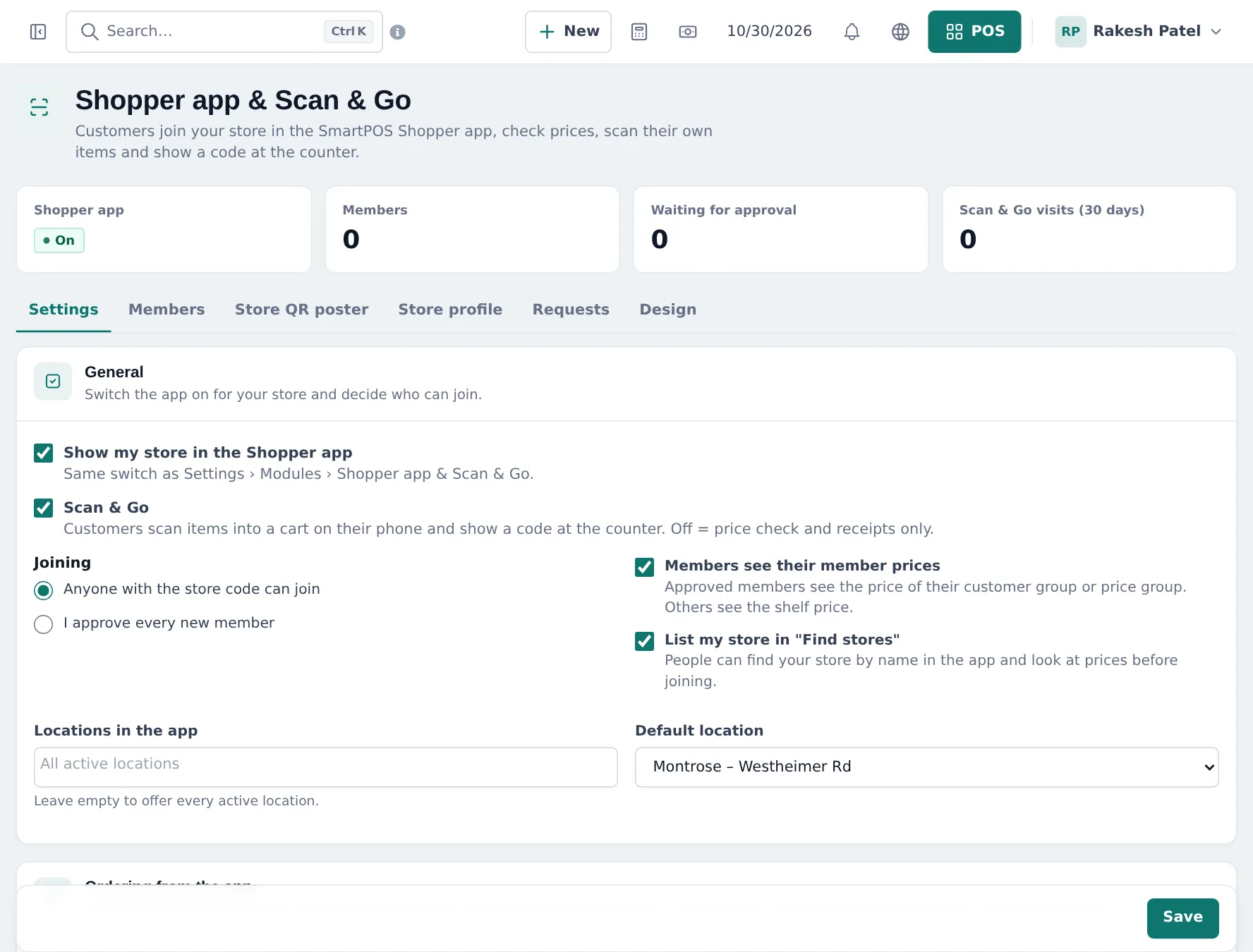 Shopper app and Scan & Go settings with Show my store in the Shopper app and Scan & Go ticked, joining options, member prices, Find stores listing and default location