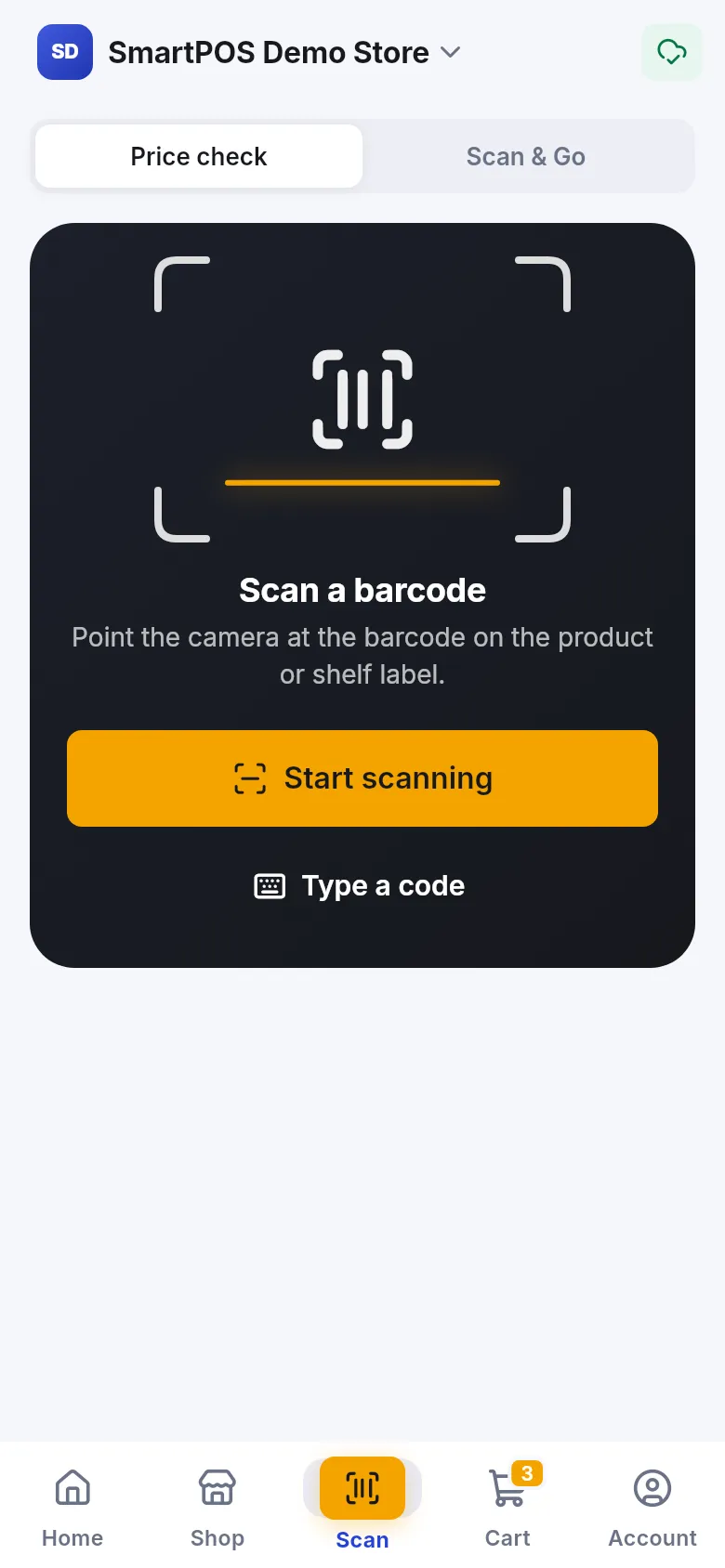 Scan tab with Price check and Scan & Go and a Start scanning button