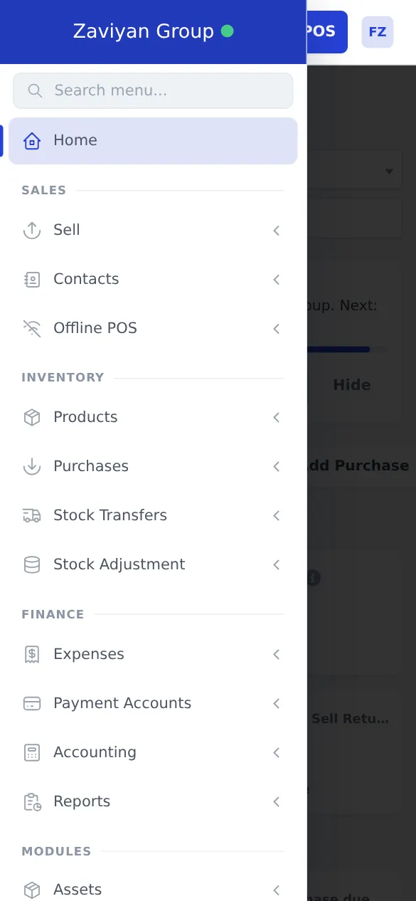The left menu opened on a phone showing Sales, Inventory and Finance groups