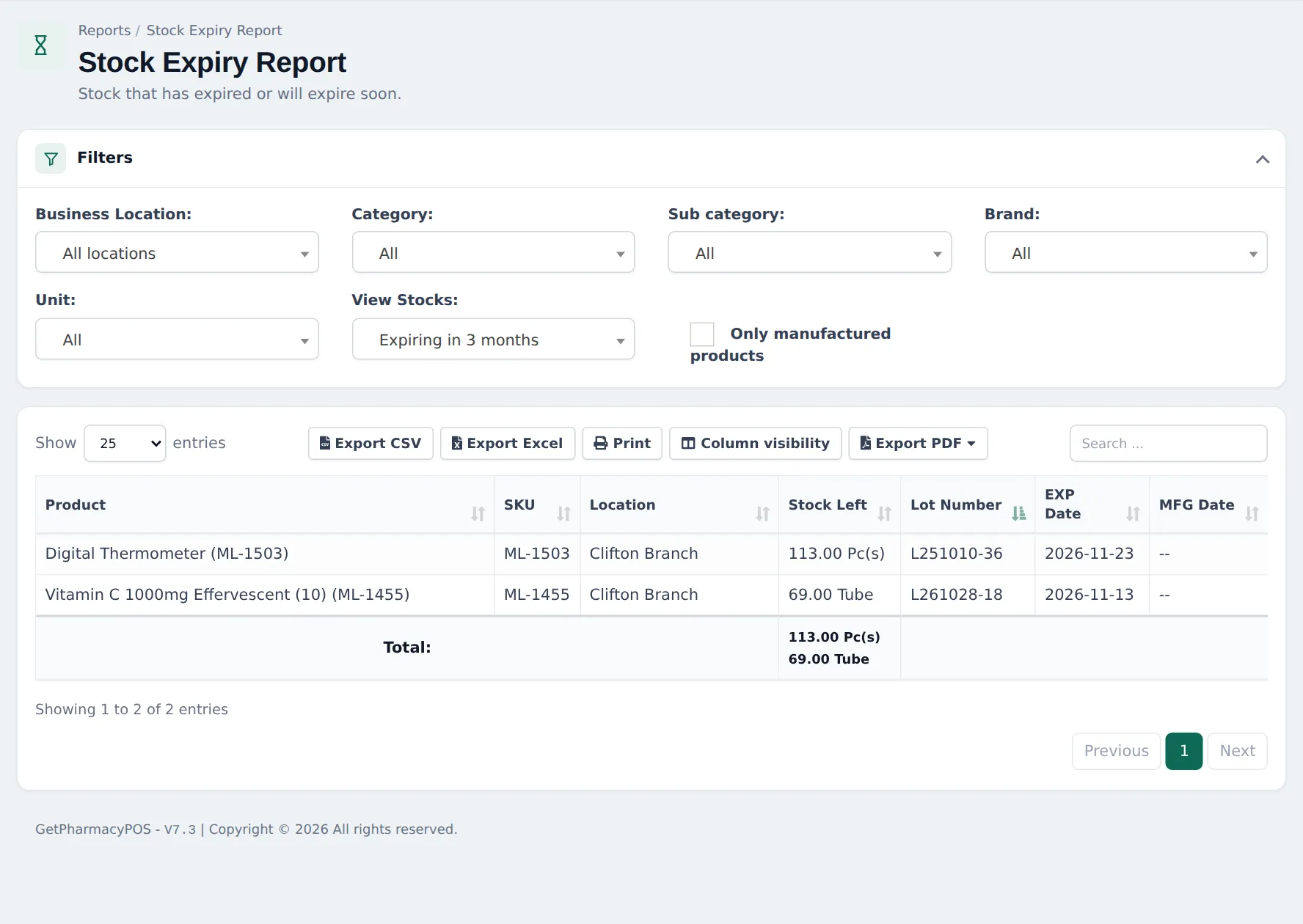 Stock Expiry Report filtered to items expiring in 3 months, showing two products with lot numbers and expiry dates