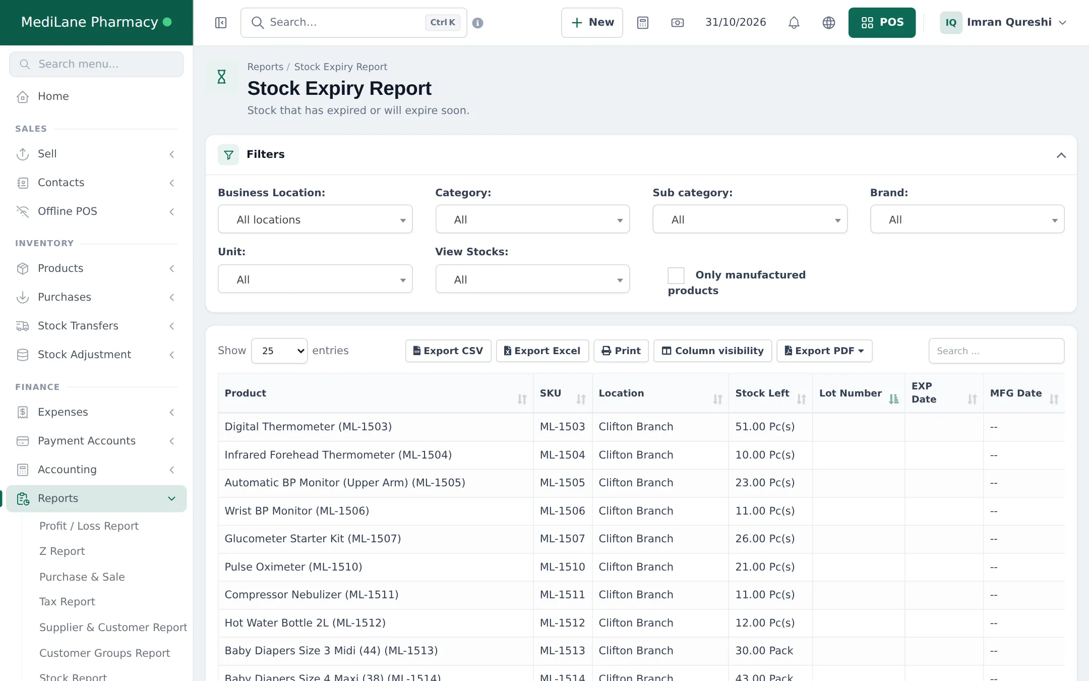 Stock Expiry Report with location, category, brand and view stocks filters and products with stock left and dates