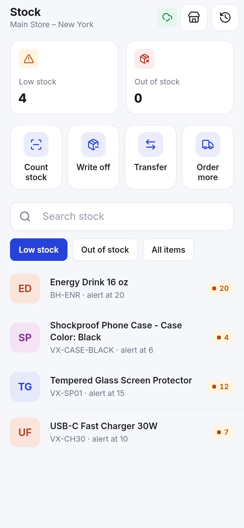 Stock home in the Business app with the Count stock button