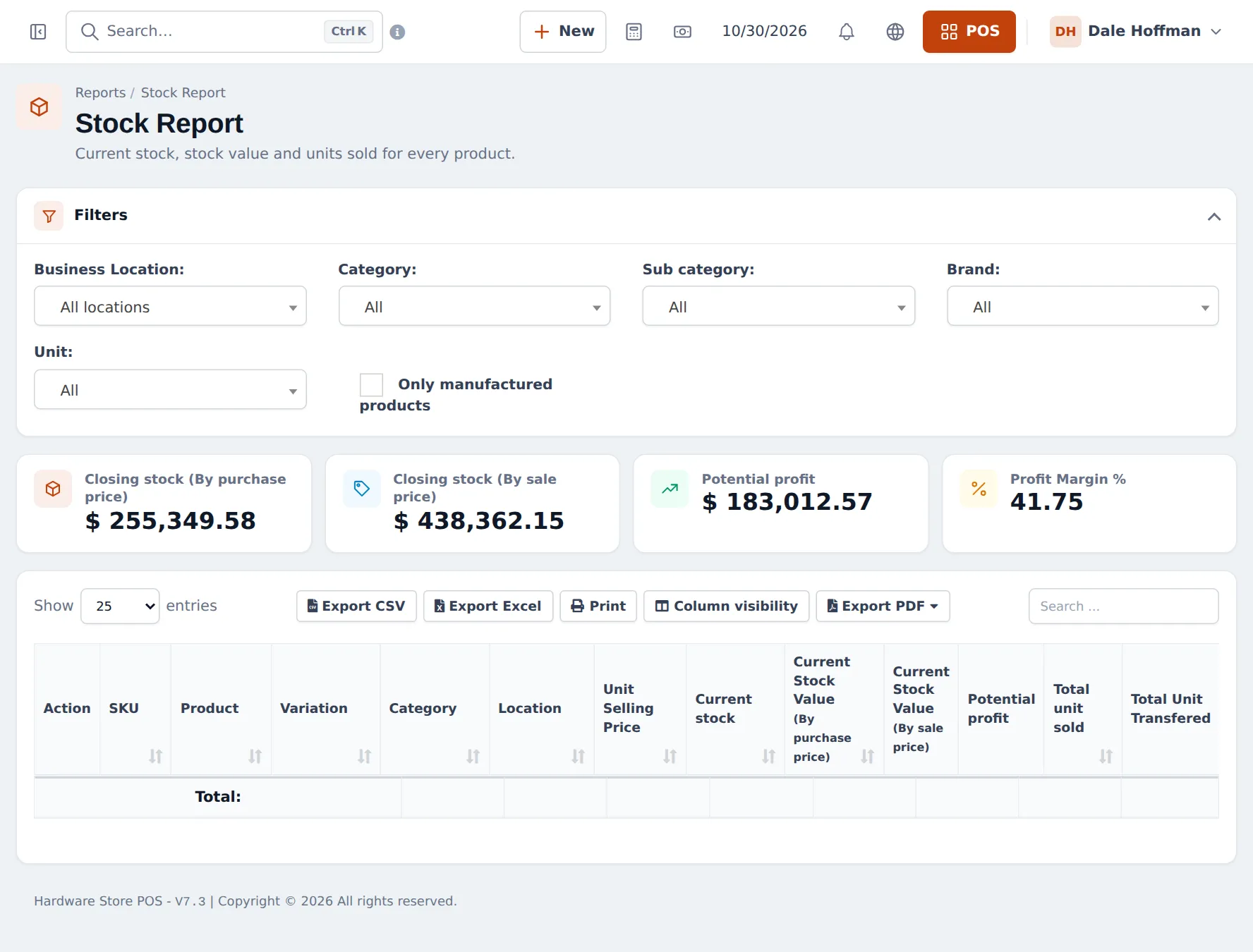 Stock Report with filters for location, category, sub category, brand and unit, and cards for closing stock by purchase and sale price, potential profit and profit margin
