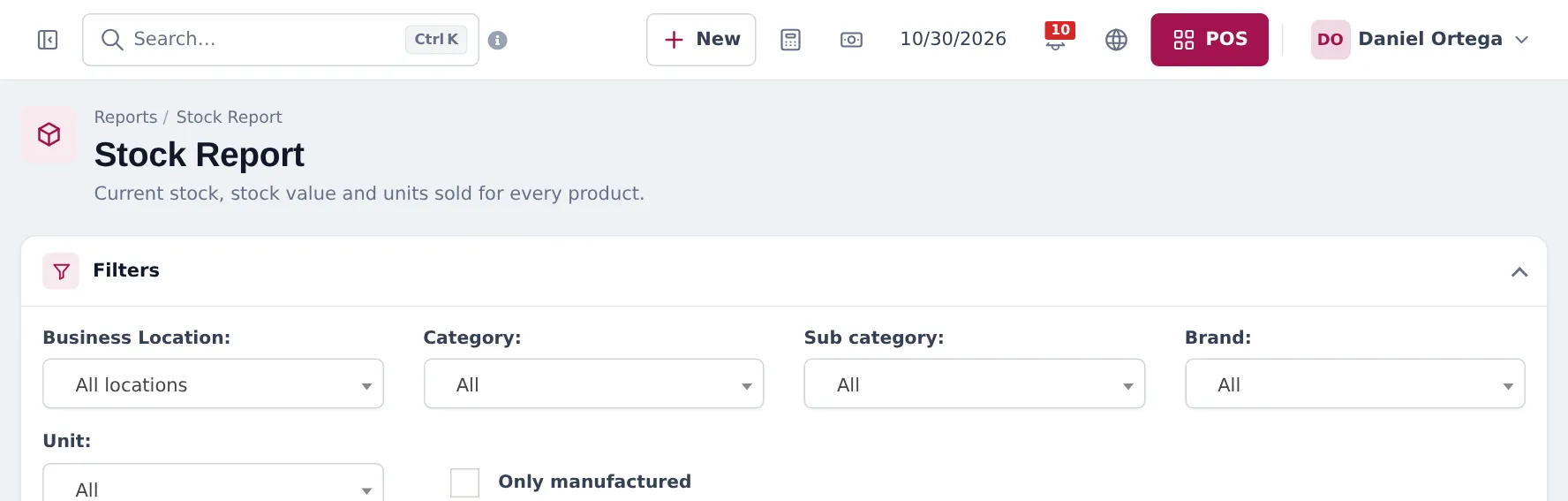 Stock Report with filters for business location, category, sub category, brand and unit, and totals for closing stock by purchase price, by sale price, potential profit and profit margin