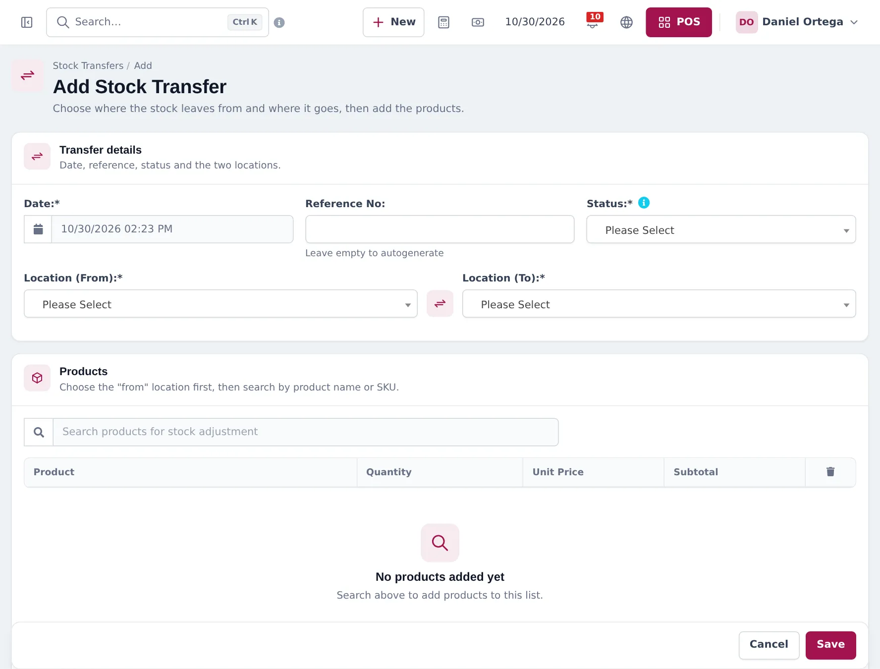 Add Stock Transfer form with date, reference number, status, location from and location to, and a products search with quantity, unit price and subtotal columns