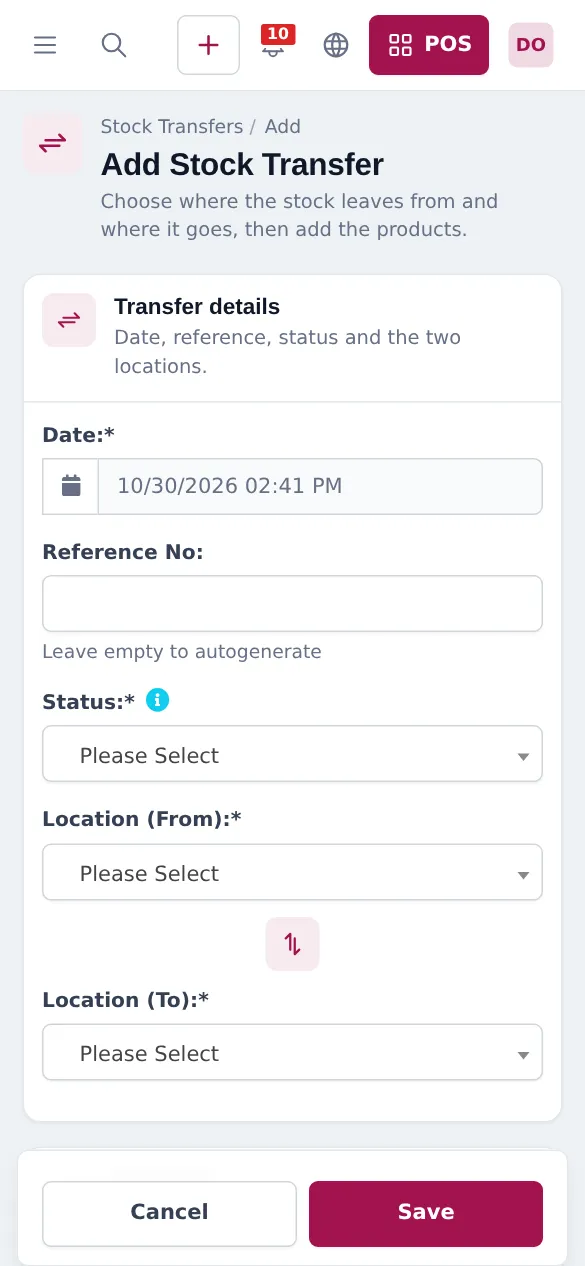 Add Stock Transfer page on a phone browser
