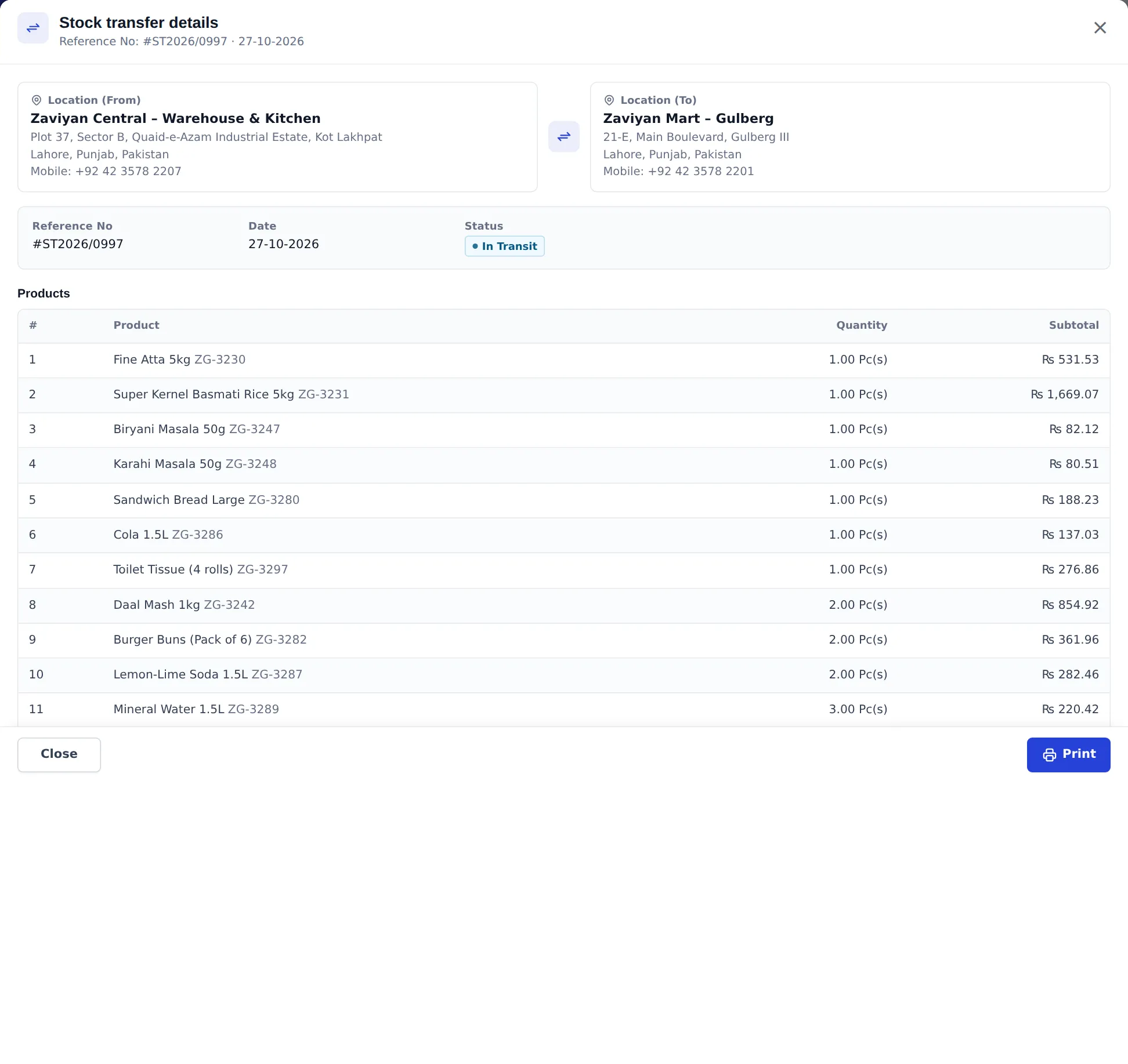 Stock transfer details showing location from the warehouse, location to a branch, In Transit status and the list of products