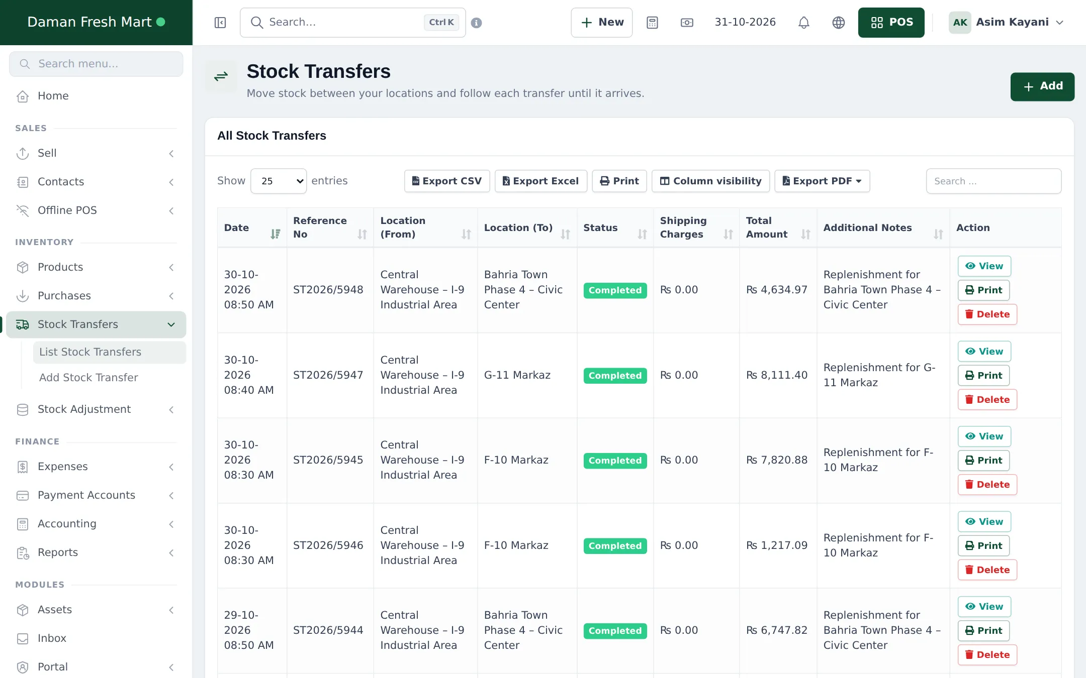 Stock Transfers list with transfers from the central warehouse to shops, all Completed